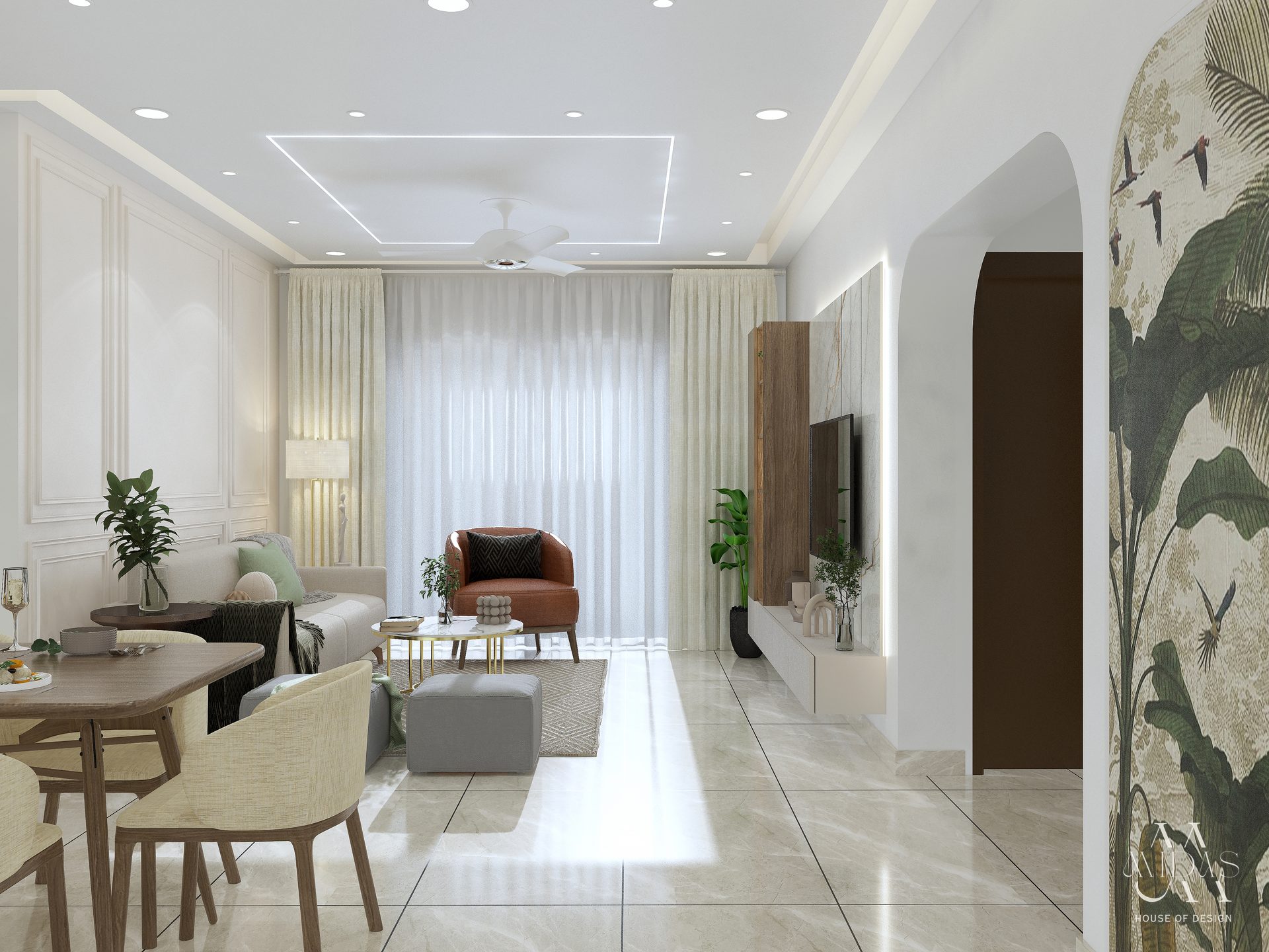 Living and dining with an arched doorway and a palm mural — interior design by MIDAS House of Design, Bangalore