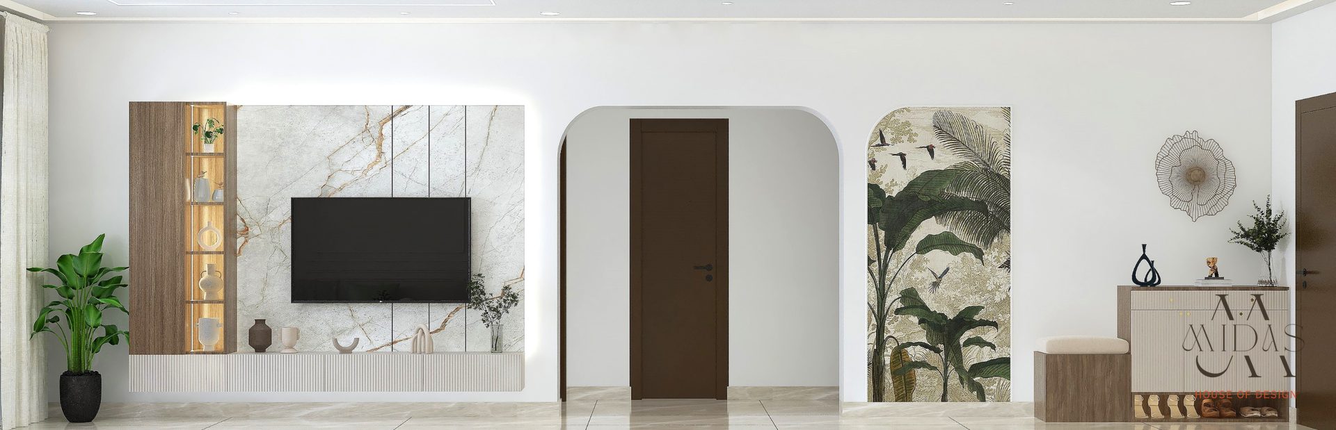 Living room with a marble TV wall between arched doorways — interior design by MIDAS House of Design, Bangalore