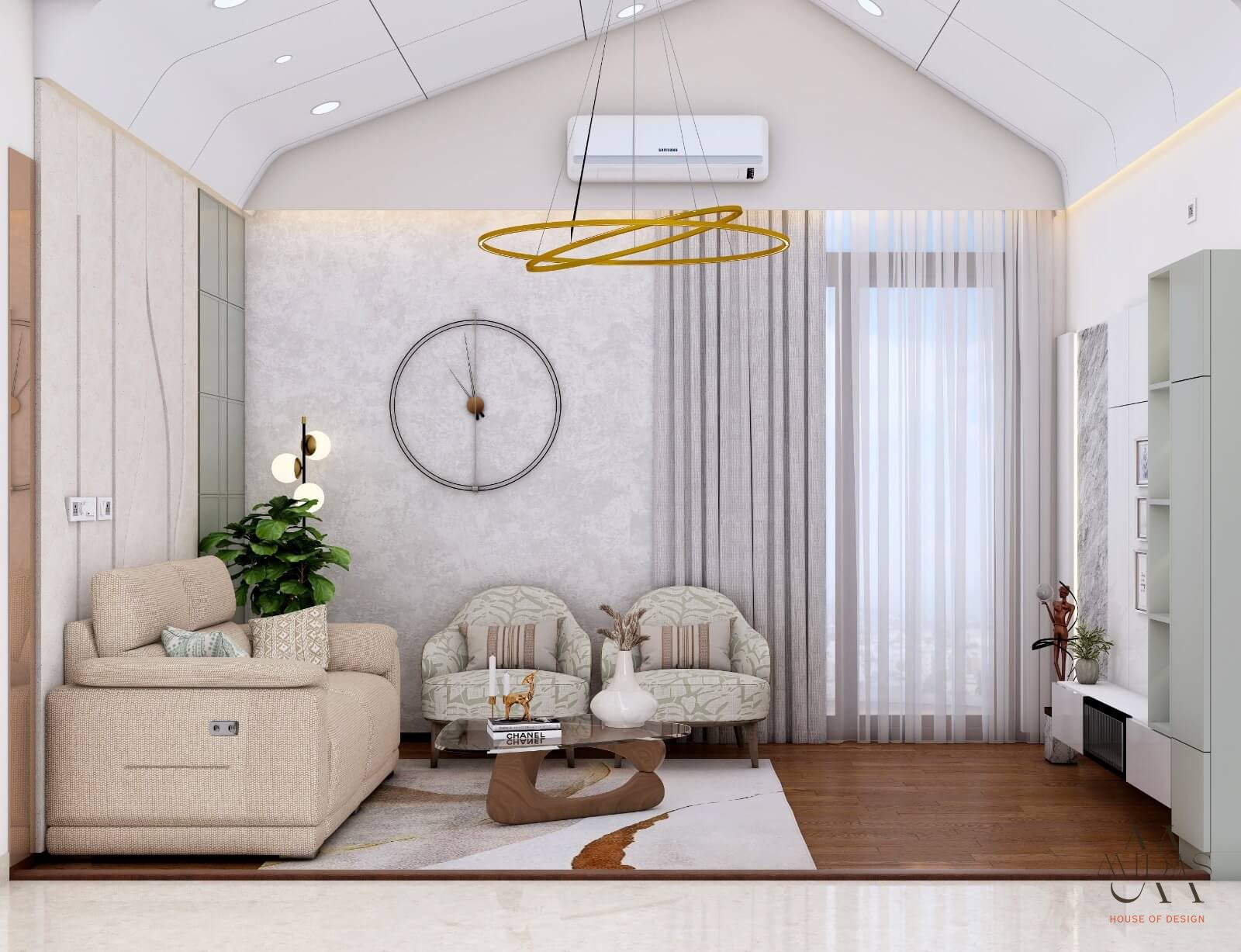 Family lounge under a pitched ceiling with a gold ring chandelier — interior design by MIDAS House of Design, Bangalore