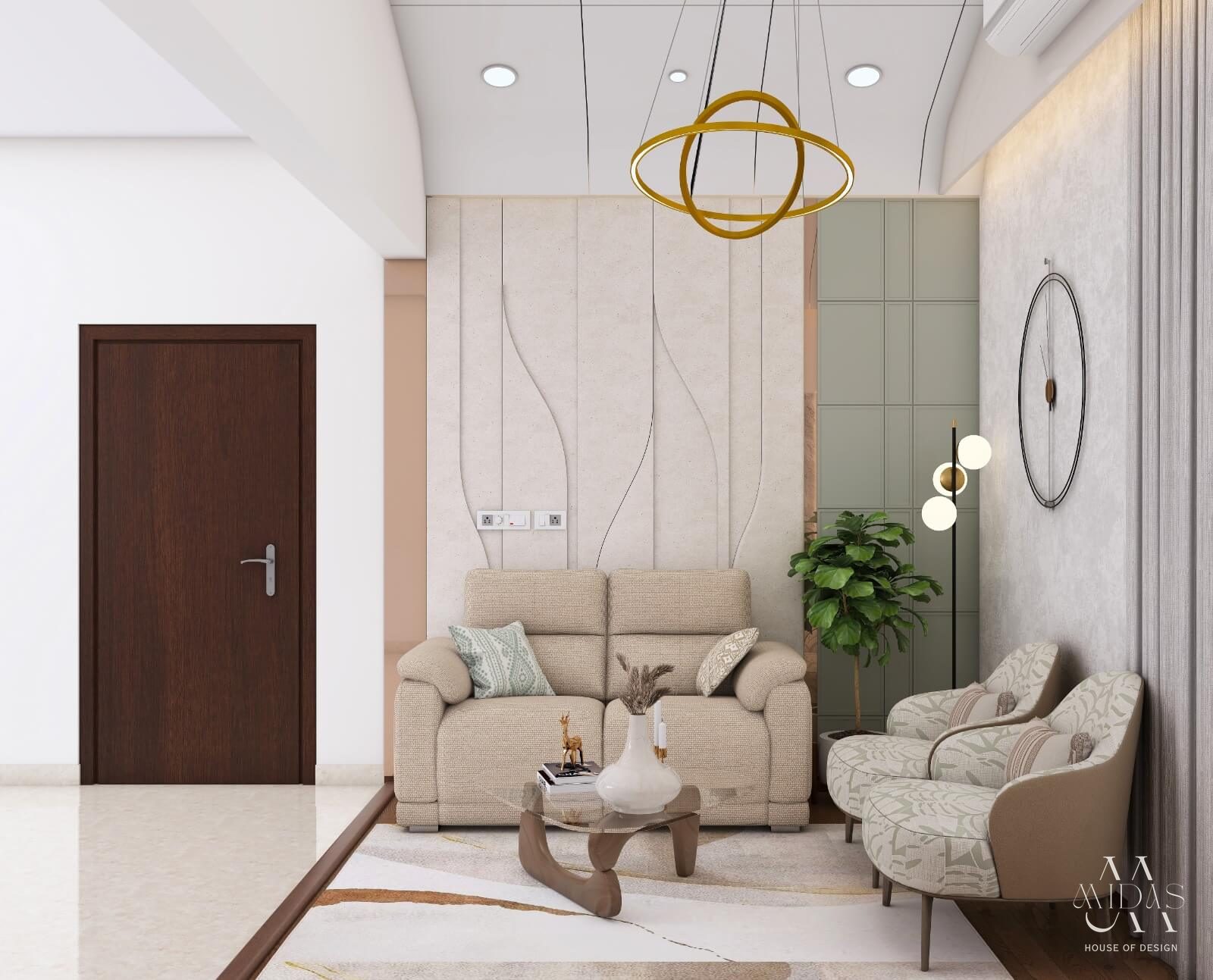 Family lounge seating against sage and textured panels — interior design by MIDAS House of Design, Bangalore