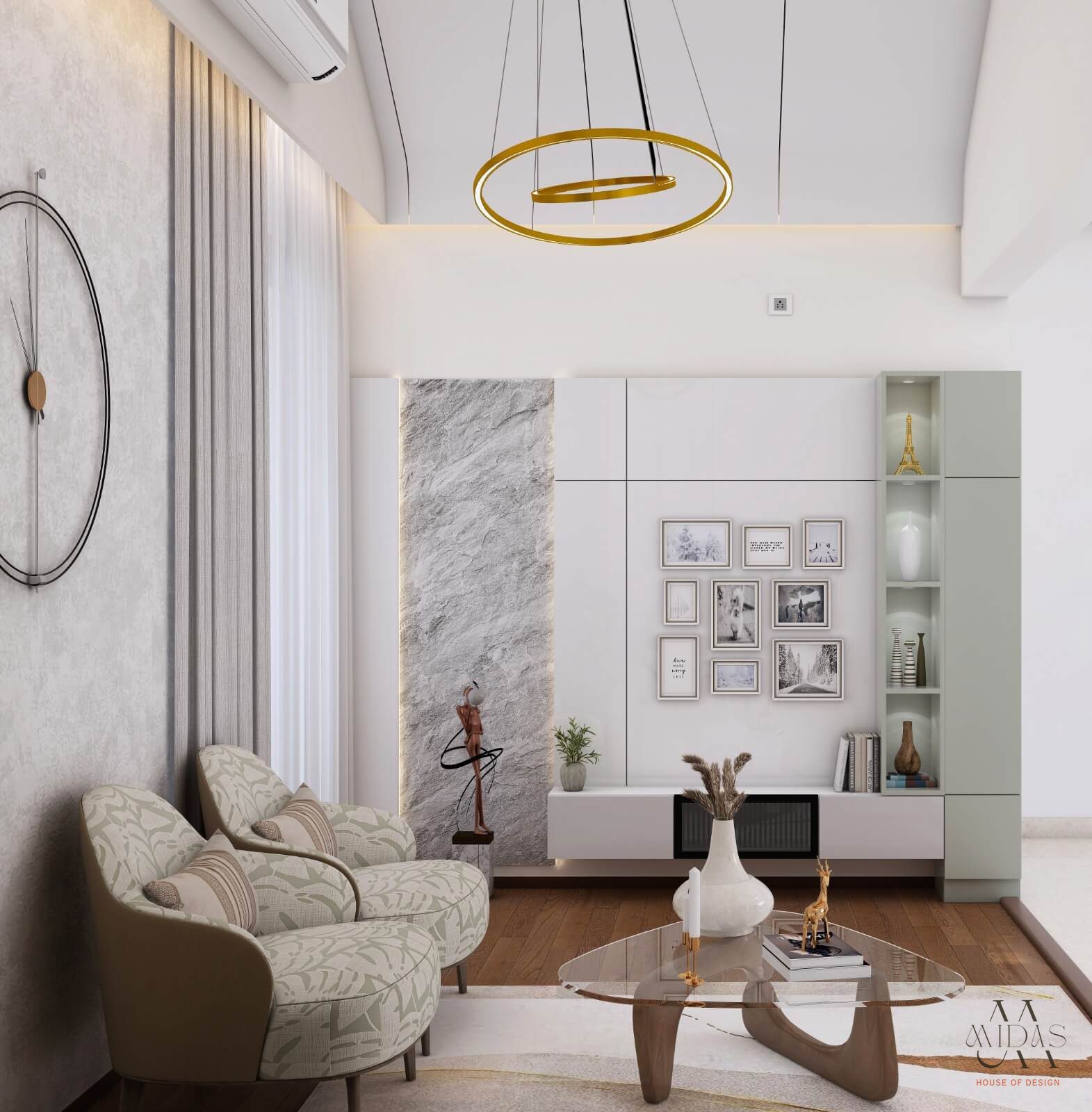Family lounge with a glass coffee table and a marble niche — interior design by MIDAS House of Design, Bangalore