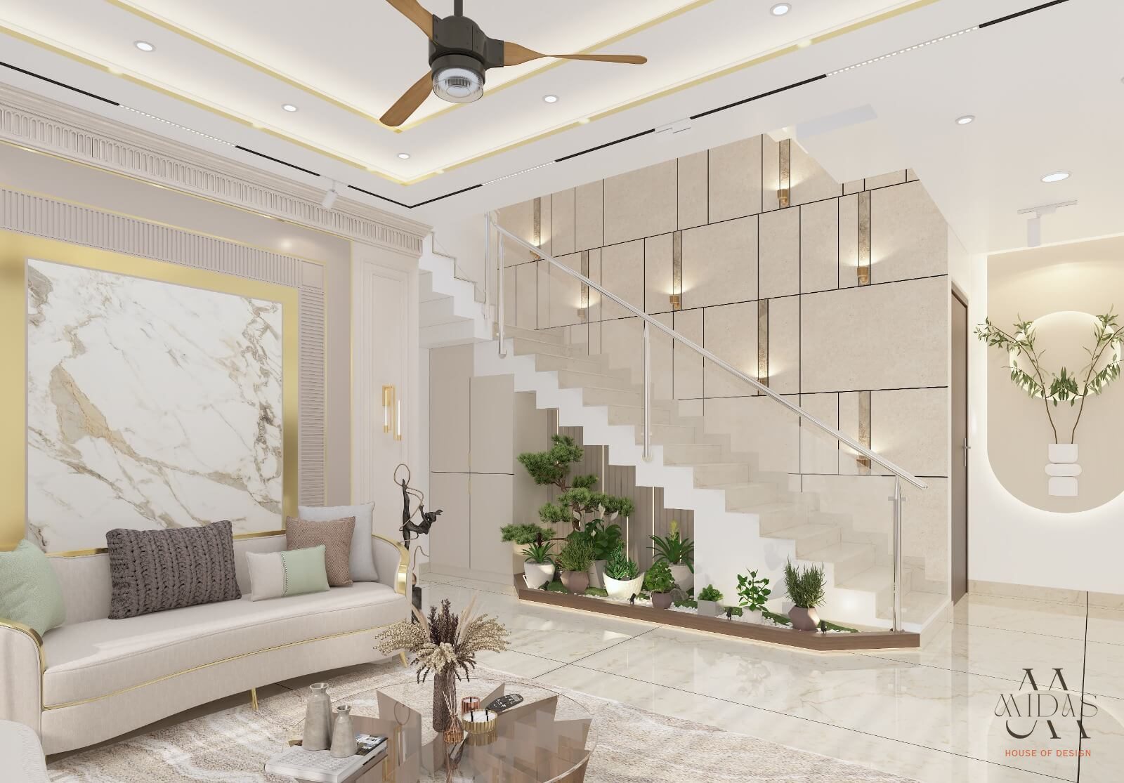 Living room with a marble feature wall and a floating staircase — interior design by MIDAS House of Design, Bangalore