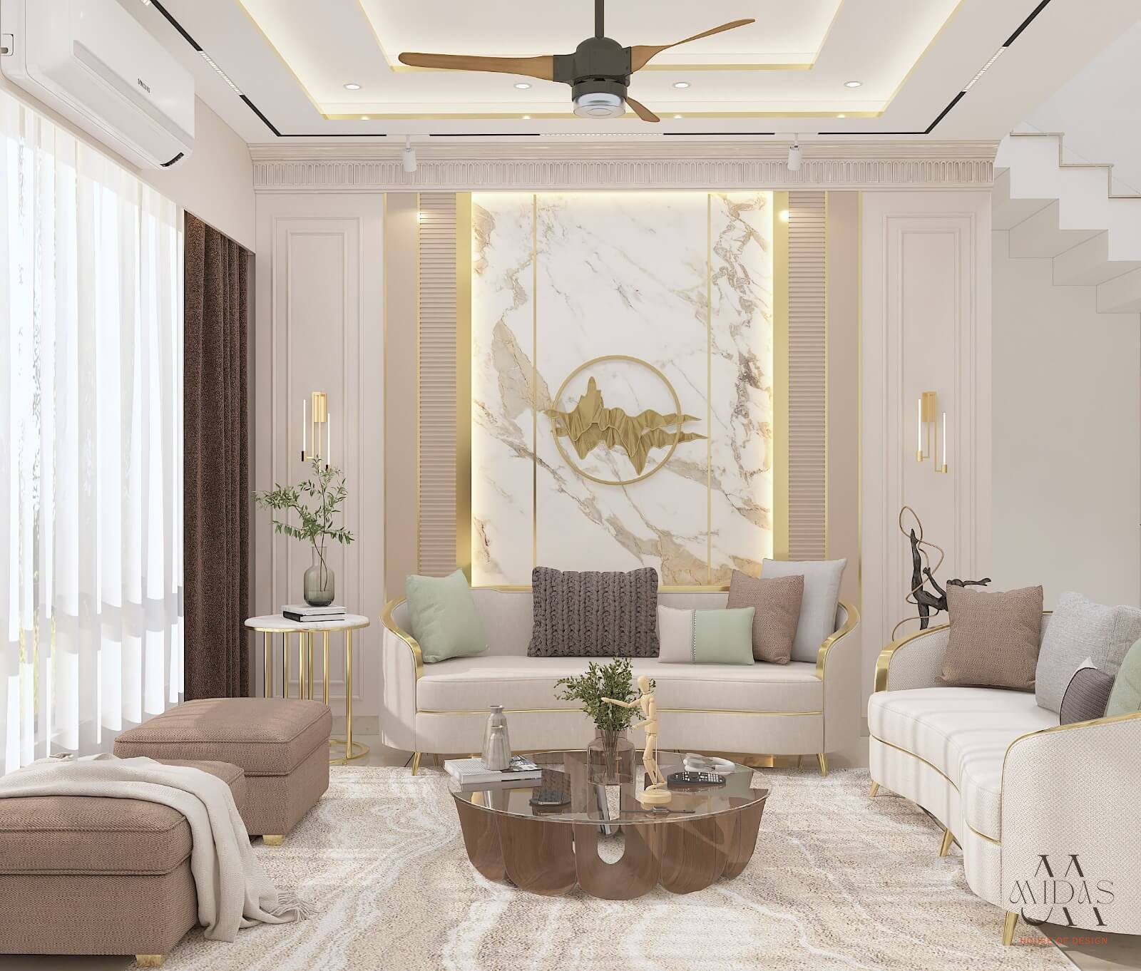 Living room with a backlit marble wall and gold medallion — interior design by MIDAS House of Design, Bangalore