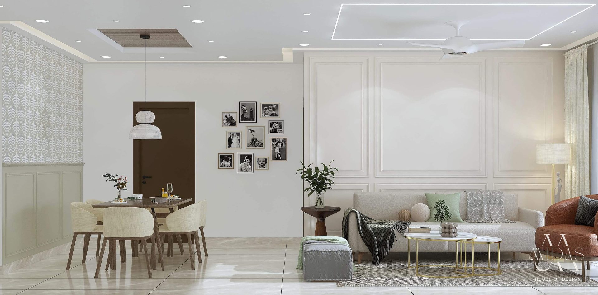 Open living and dining with panelled walls — interior design by MIDAS House of Design, Bangalore