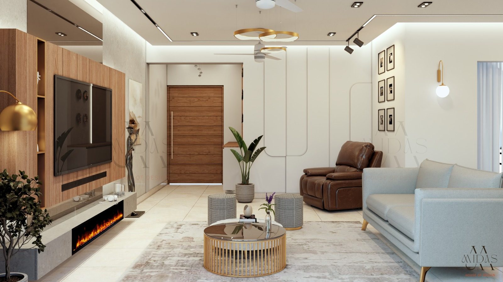 Living room with a timber TV wall and a leather recliner — interior design by MIDAS House of Design, Bangalore