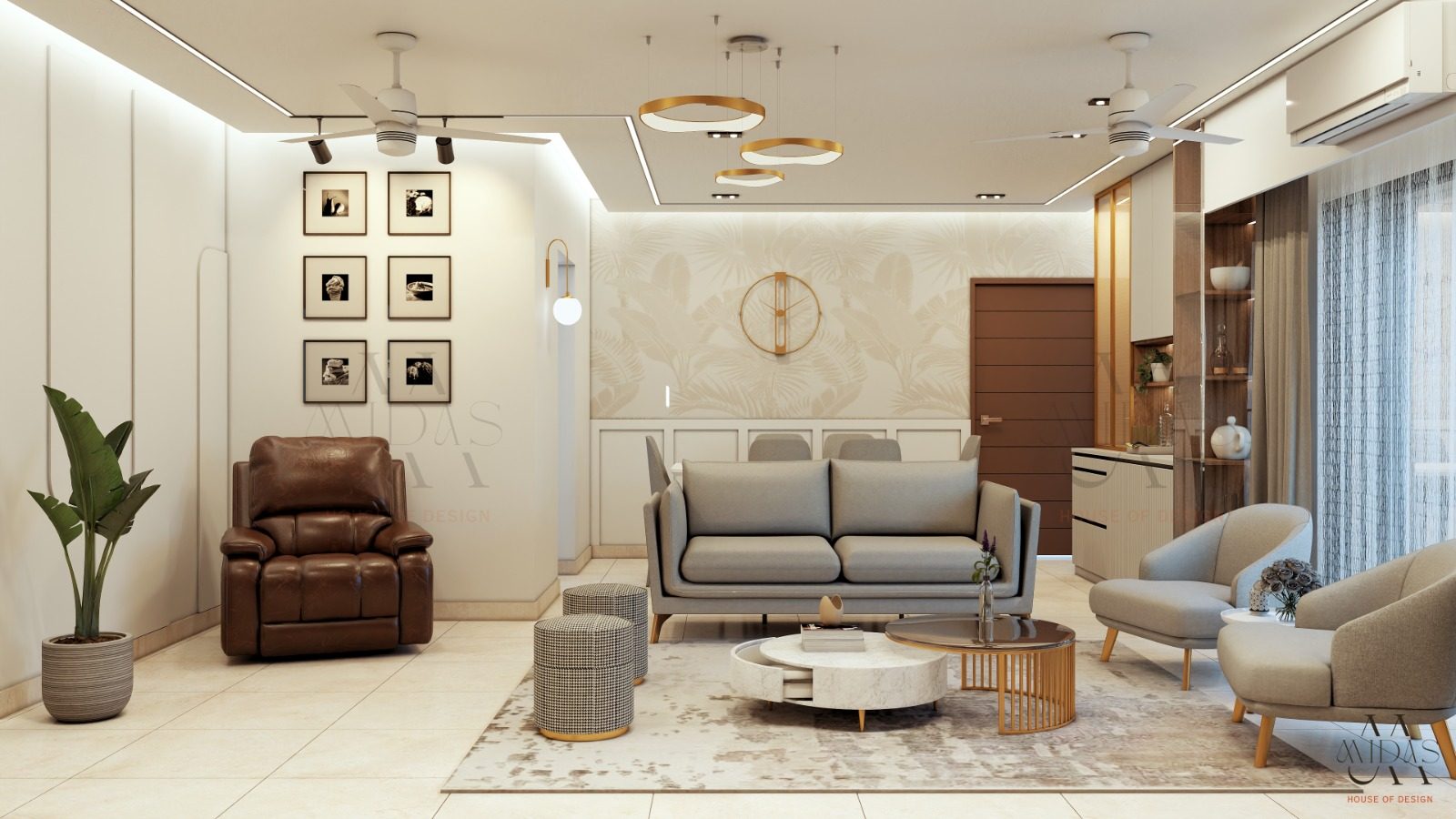 Living room with framed prints and a gold ring light — interior design by MIDAS House of Design, Bangalore