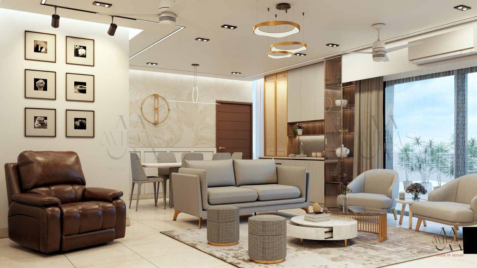 Living and dining under brass ring pendants — interior design by MIDAS House of Design, Bangalore