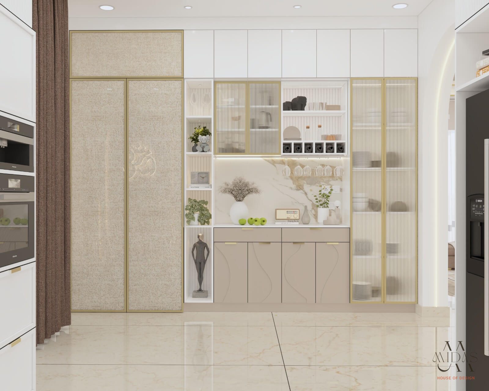 Crockery and bar unit with fluted glass and gold trims — interior design by MIDAS House of Design, Bangalore
