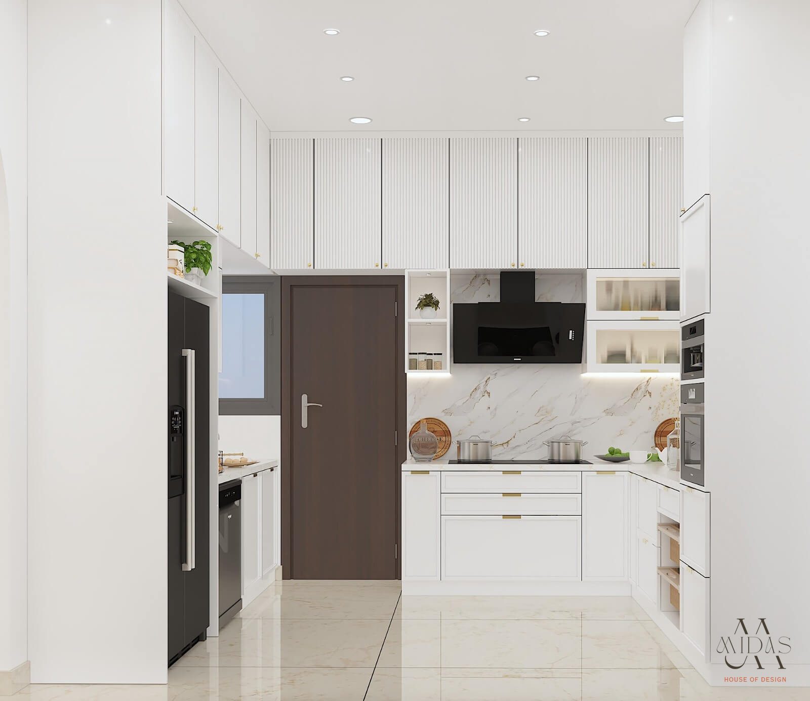 White kitchen with fluted upper cabinets and a marble backsplash — interior design by MIDAS House of Design, Bangalore