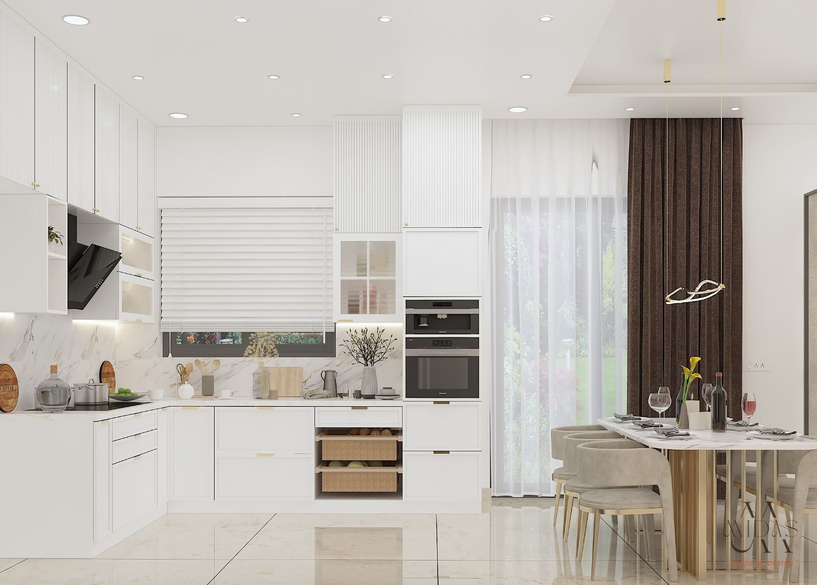 White kitchen opening onto the dining table — interior design by MIDAS House of Design, Bangalore