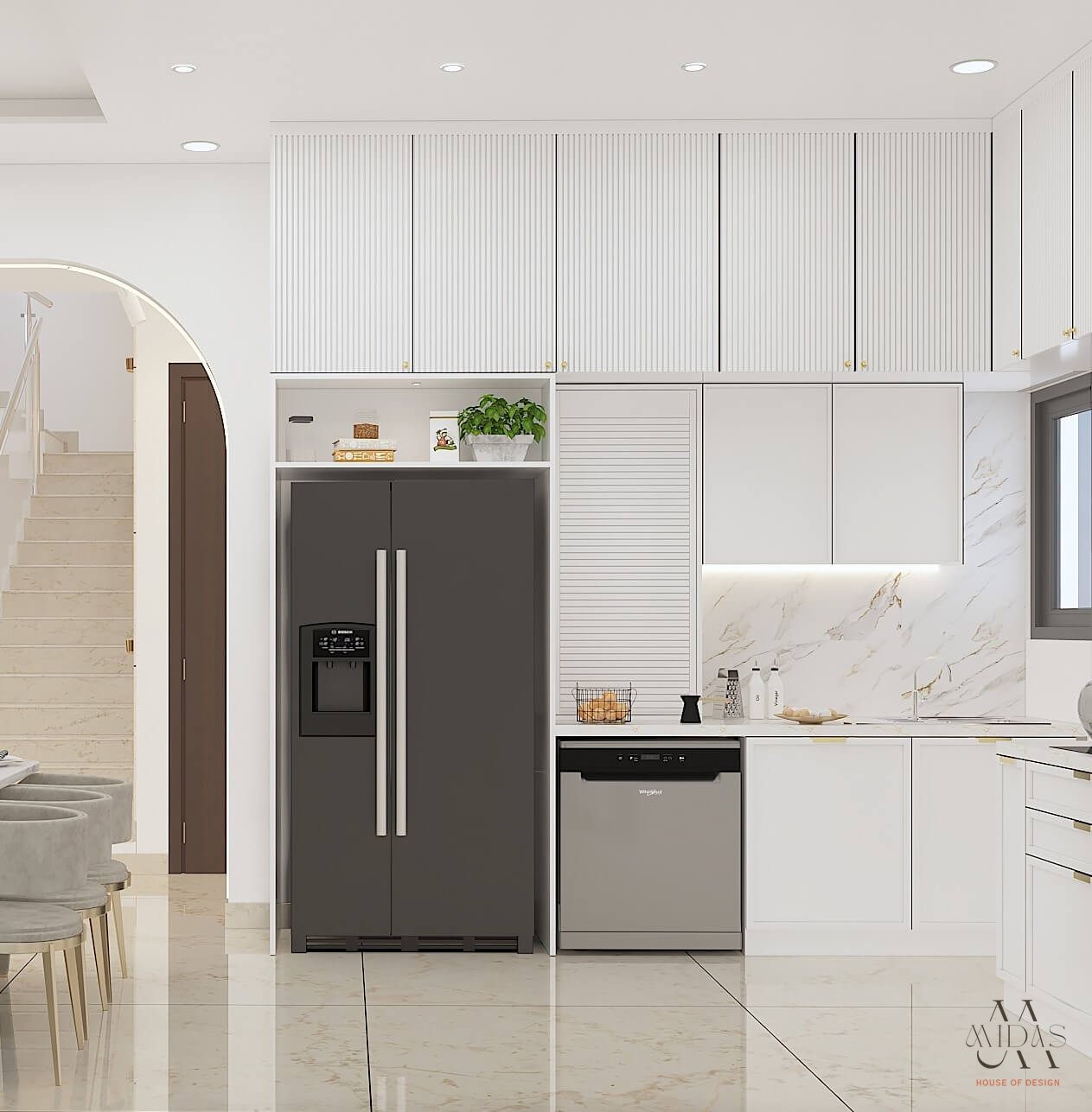 Kitchen with a side-by-side fridge under fluted cabinets — interior design by MIDAS House of Design, Bangalore