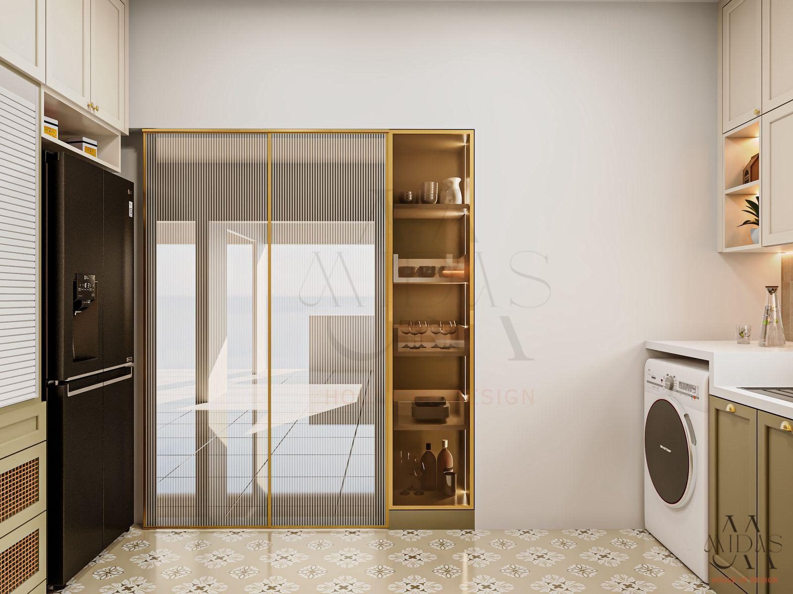 Pantry wall with fluted glass doors and gold trims — interior design by MIDAS House of Design, Bangalore