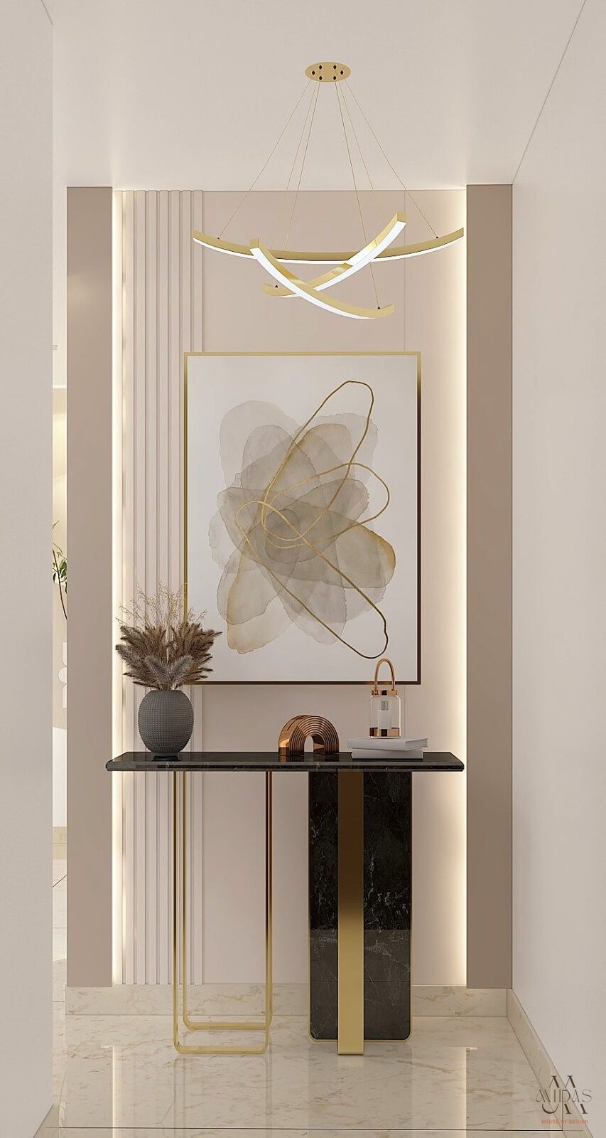 Foyer console beneath a gold-framed art niche — interior design by MIDAS House of Design, Bangalore