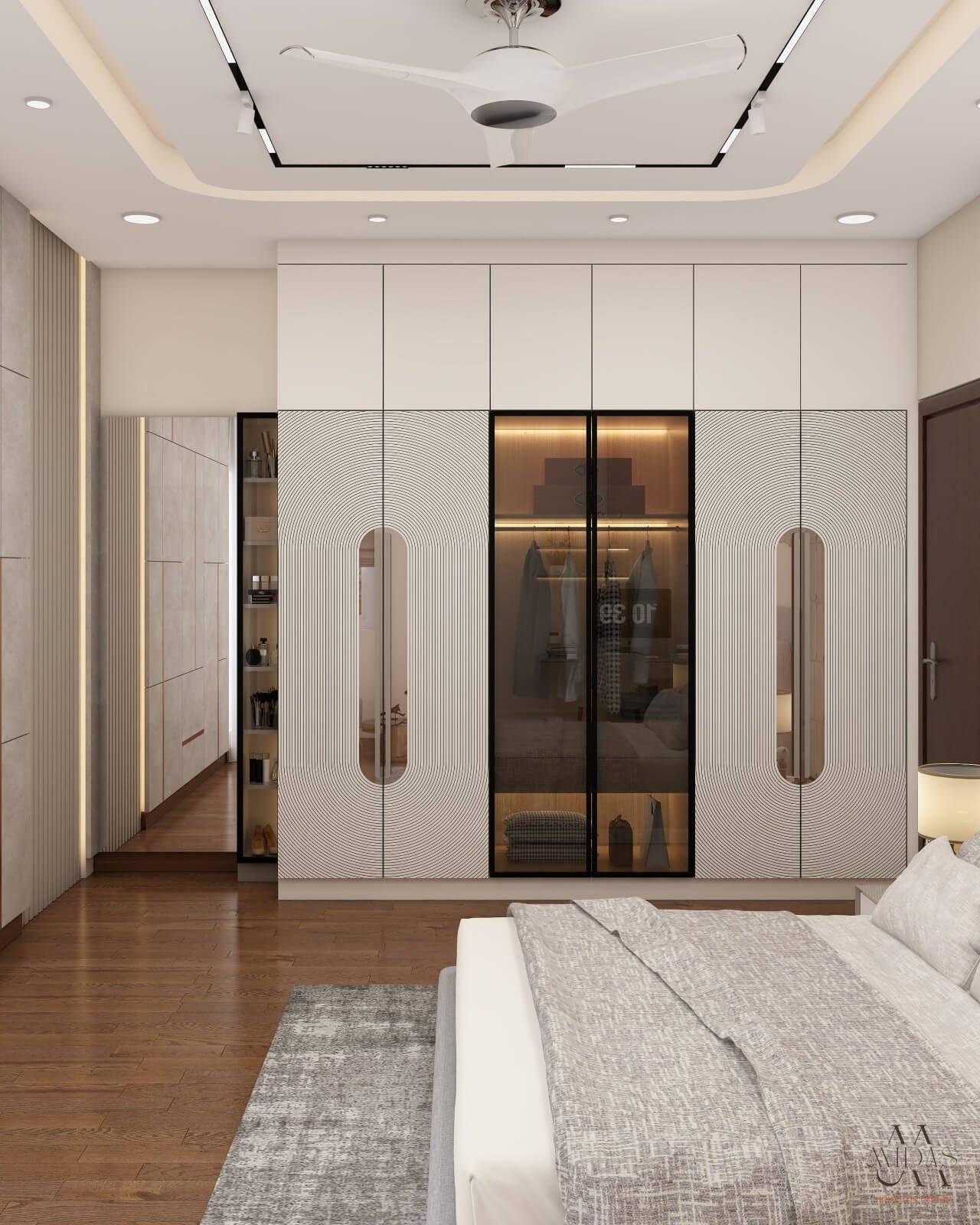 Master bedroom wardrobe wall with a lit glass display bay — interior design by MIDAS House of Design, Bangalore