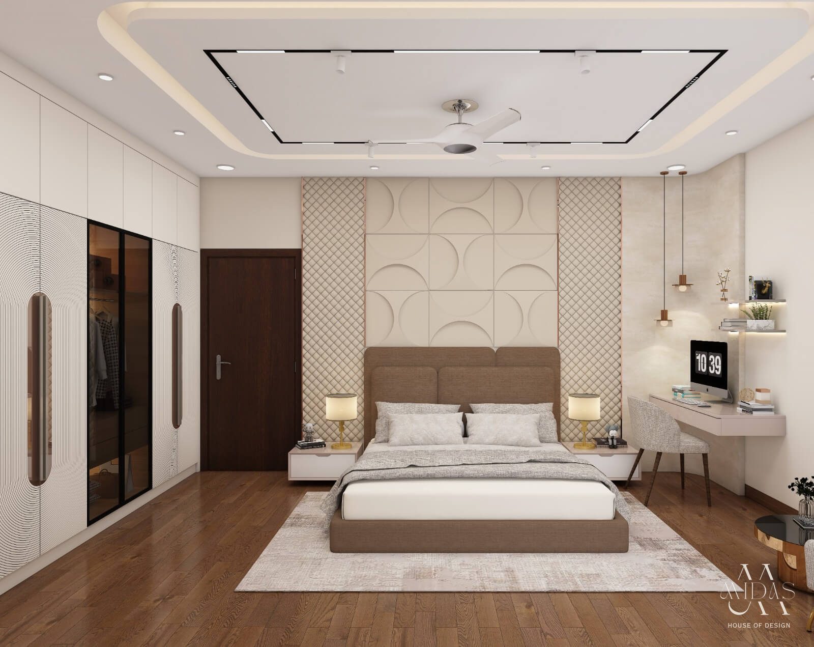 Master bedroom with a sculpted panel bed wall — interior design by MIDAS House of Design, Bangalore