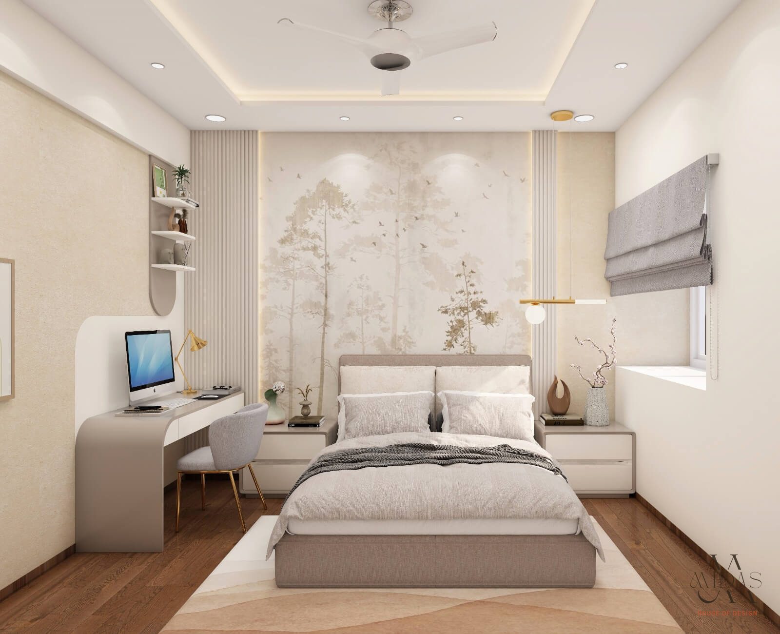 Bedroom with a forest mural and a built-in study desk — interior design by MIDAS House of Design, Bangalore