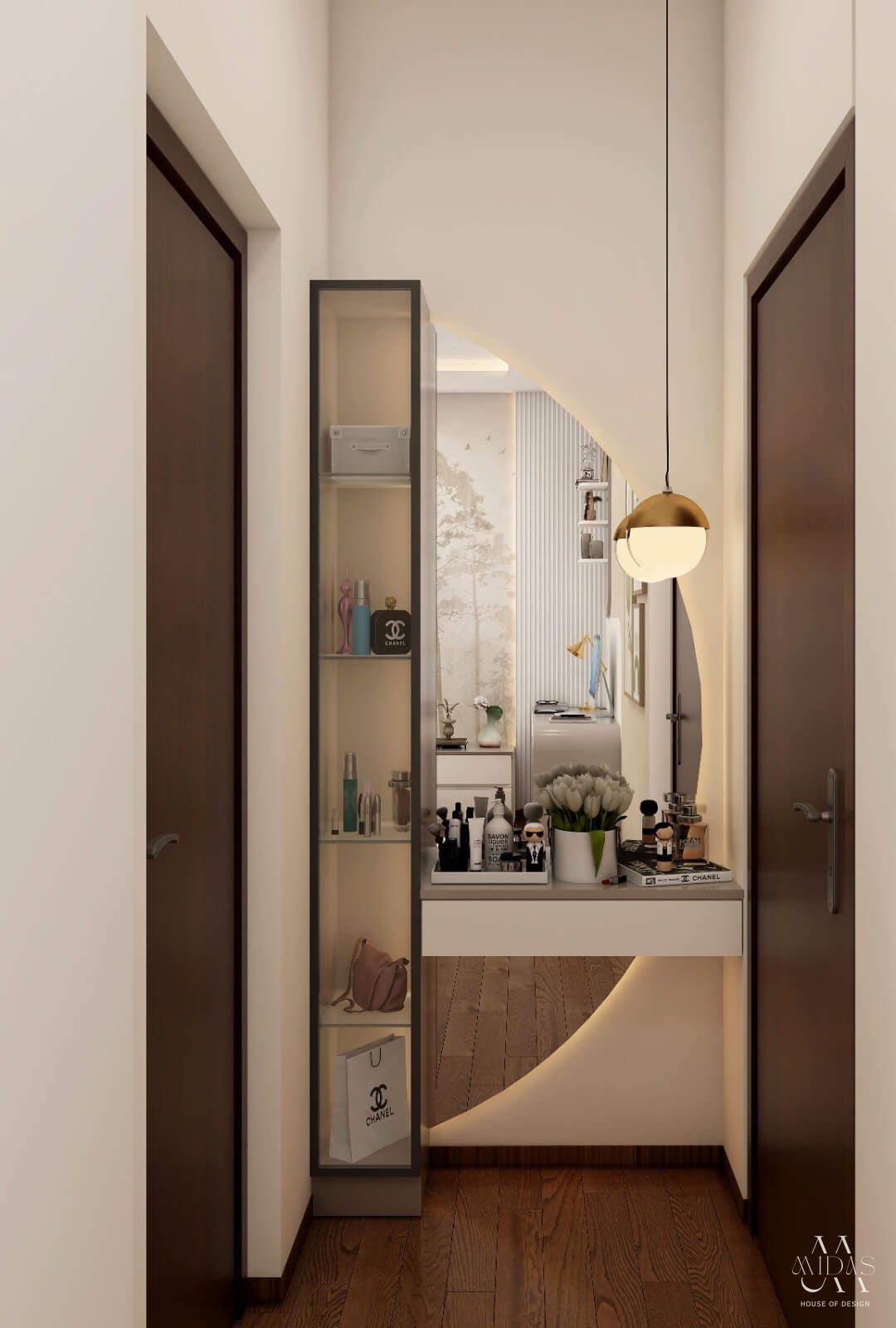 Dresser niche with a round mirror and pendant light — interior design by MIDAS House of Design, Bangalore