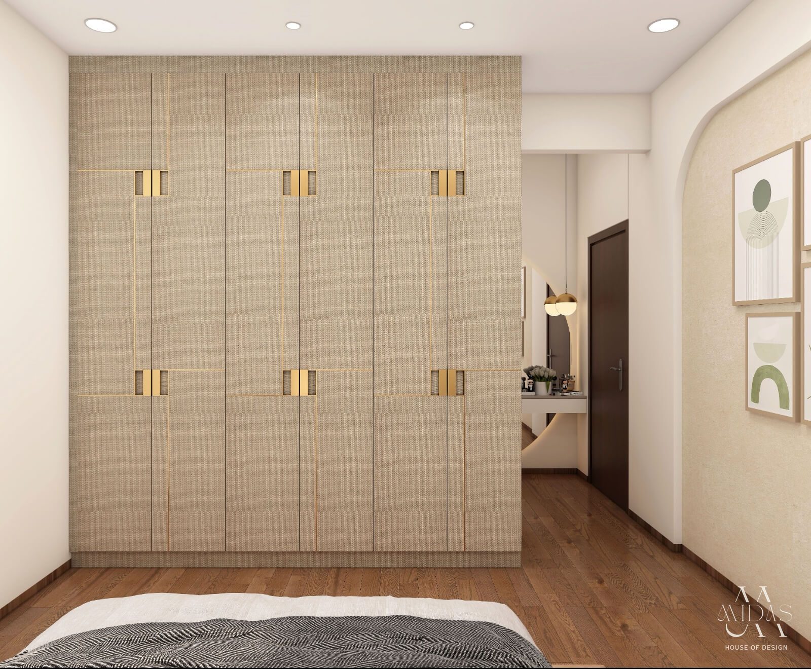 Linen-textured wardrobe with gold handles — interior design by MIDAS House of Design, Bangalore