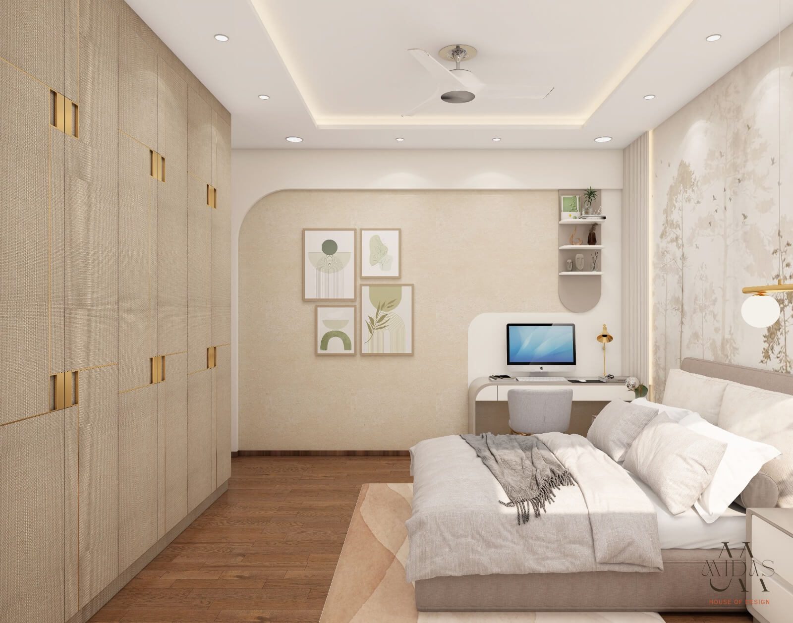 Bedroom with an arched wall niche and a study corner — interior design by MIDAS House of Design, Bangalore