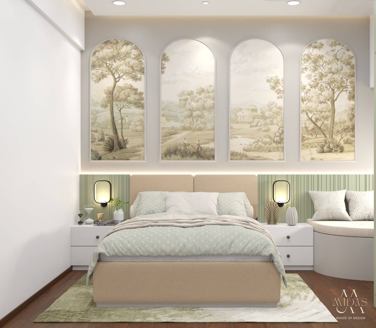 Bedroom beneath arched landscape murals — interior design by MIDAS House of Design, Bangalore