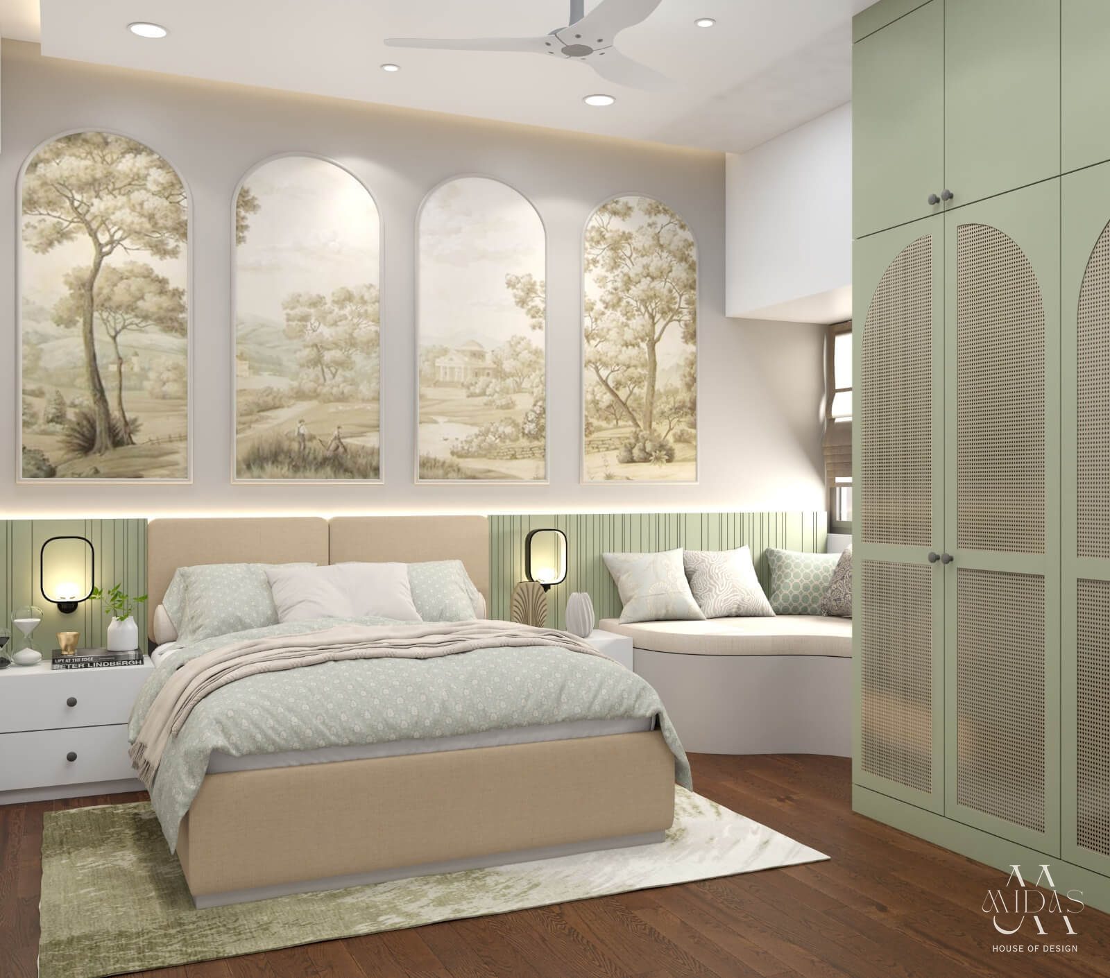 Bedroom with arched murals and a sage cane wardrobe — interior design by MIDAS House of Design, Bangalore
