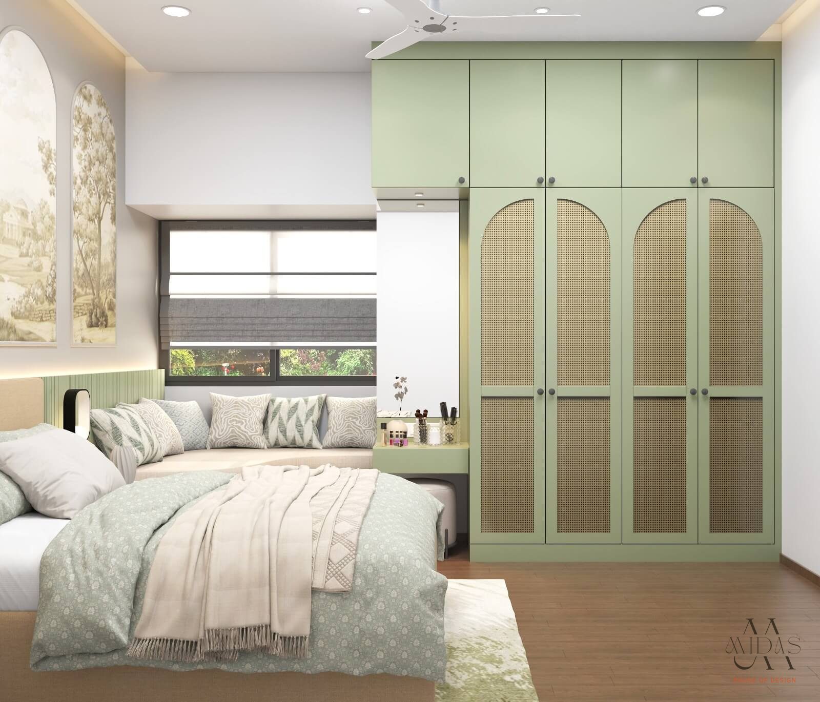 Bedroom with a sage cane wardrobe and a window seat — interior design by MIDAS House of Design, Bangalore