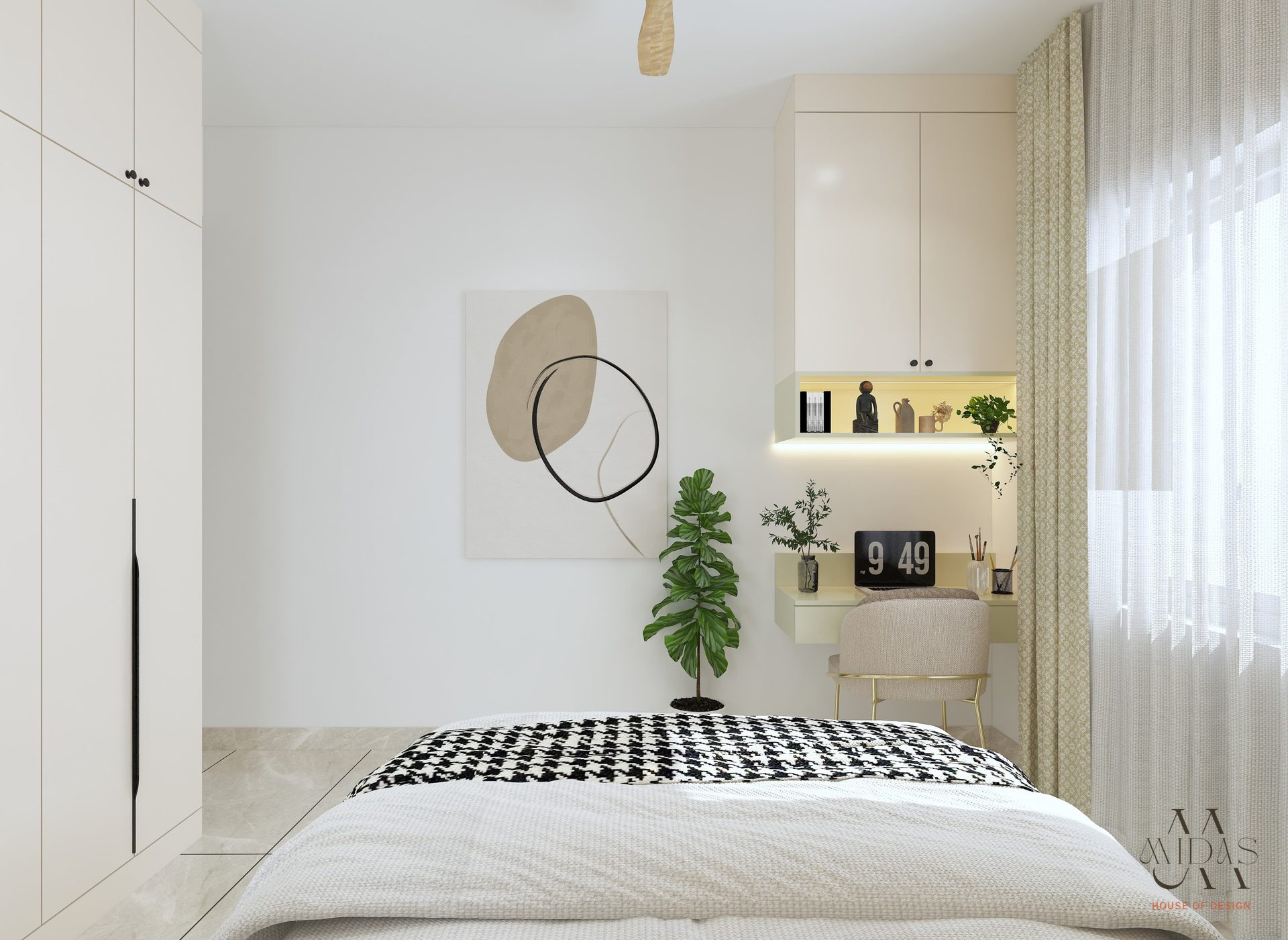 Minimal bedroom with abstract art and lit shelves — interior design by MIDAS House of Design, Bangalore
