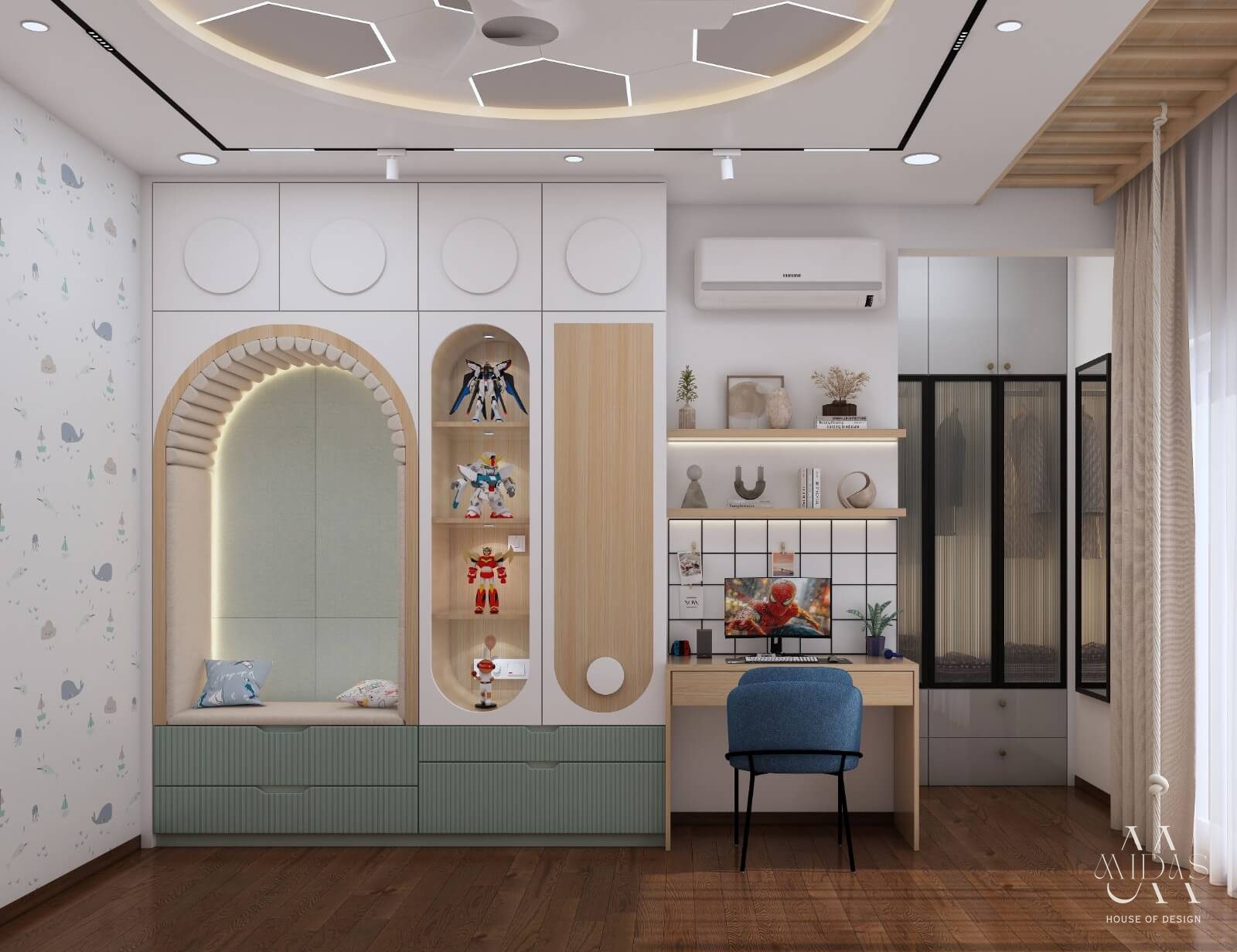 Kids' room with an arched reading nook and display shelves — interior design by MIDAS House of Design, Bangalore