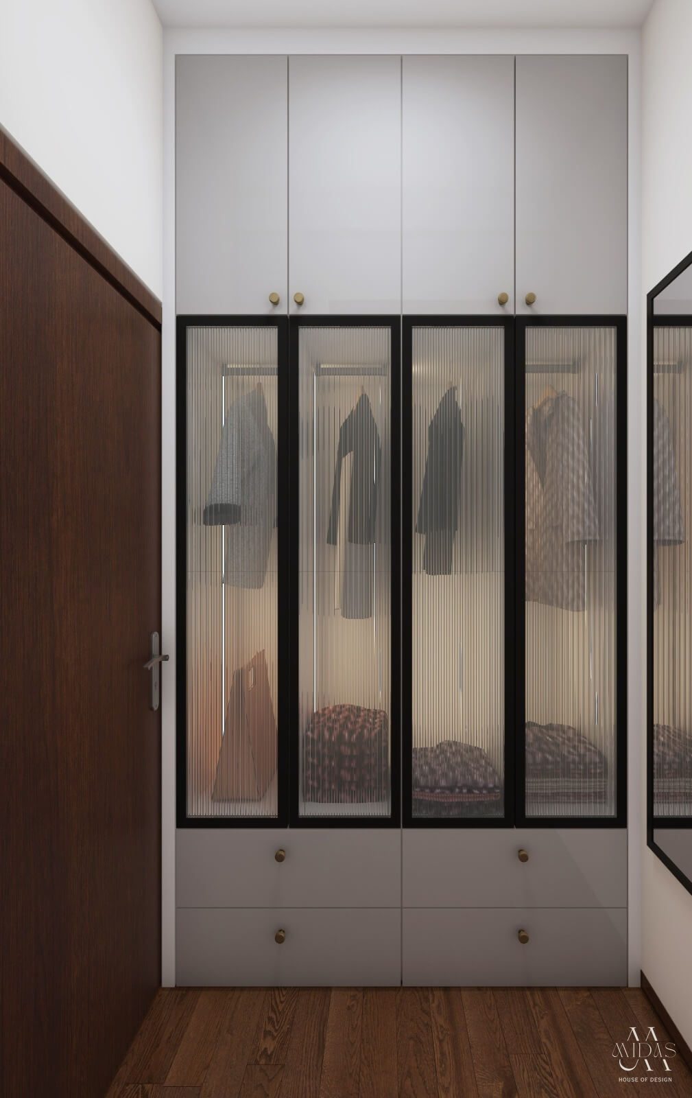 Kids' walk-in wardrobe with glass doors — interior design by MIDAS House of Design, Bangalore
