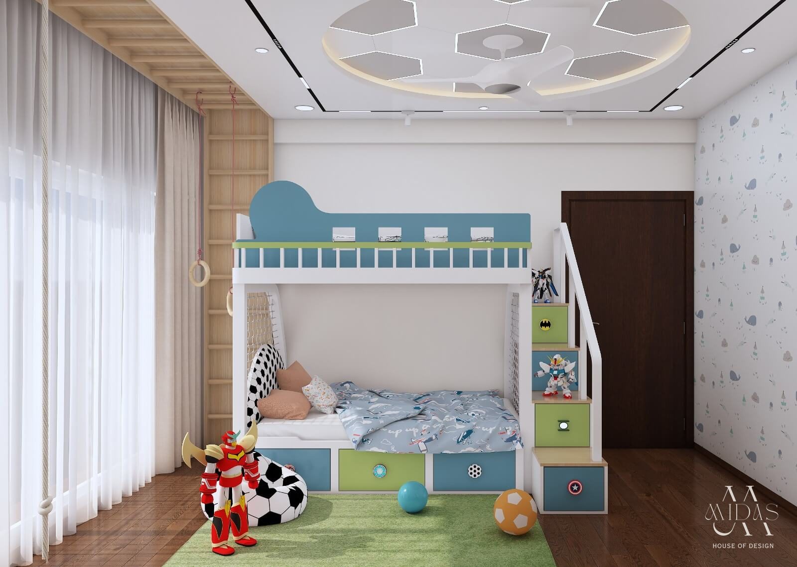 Kids' bunk bed with storage stairs — interior design by MIDAS House of Design, Bangalore
