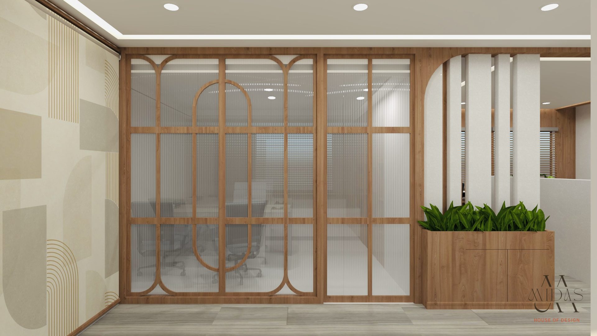 Office with a timber-framed glass partition — interior design by MIDAS House of Design, Bangalore