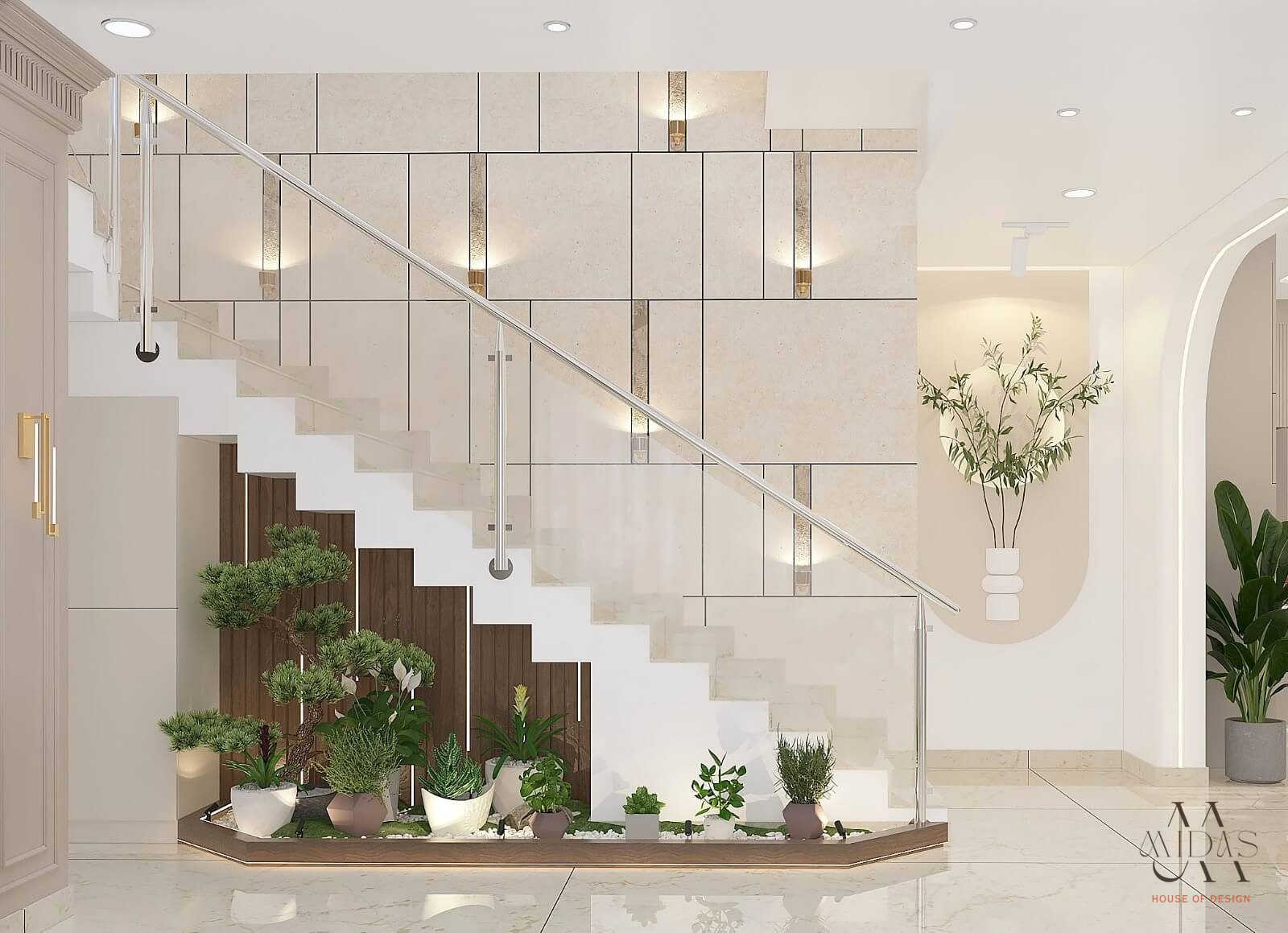Staircase with a lit marble wall and an indoor planter — interior design by MIDAS House of Design, Bangalore
