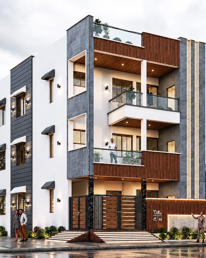 The same front elevation as redesigned by MIDAS House of Design — timber, stone and warm lighting (3D design)
