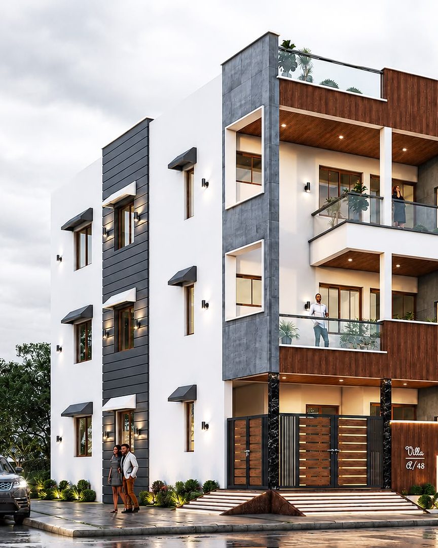 The redesigned house from the corner — side wall and front in timber, stone and white (3D design by MIDAS House of Design)