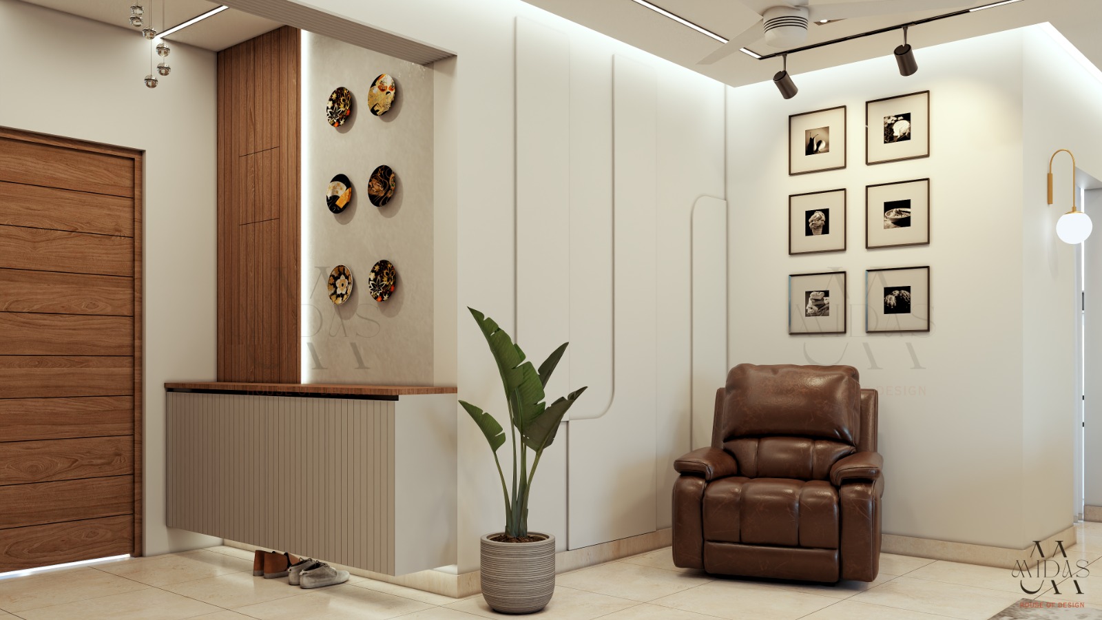 Residential entry corridor with wood paneling accents, sculptural wall details, architectural doorways, and minimalist design aesthetic