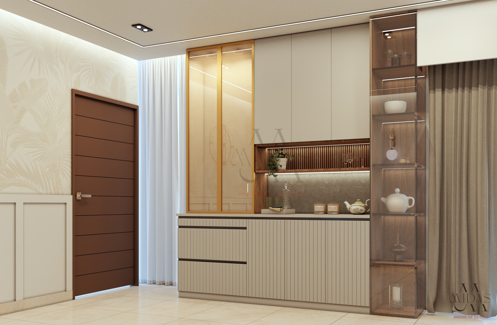 Modern dining room glass display cabinet with brass frame, warm walnut shelving, lit crockery display, and textured lower cabinetry in luxury residential interior design