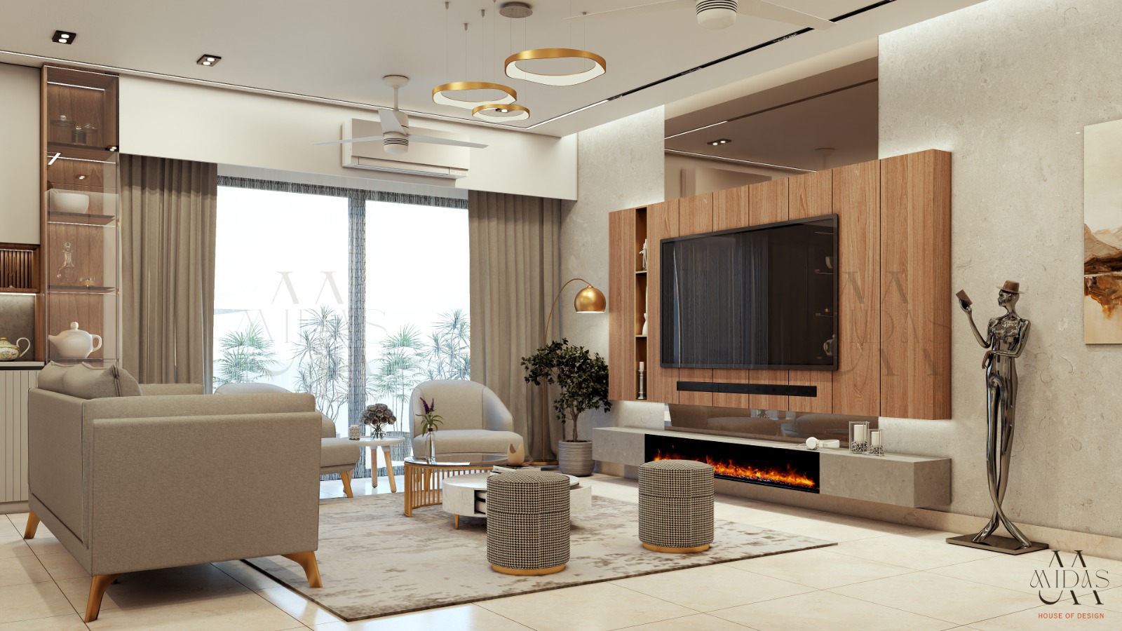 Living room detail showing walnut wood paneling, integrated LED fireplace feature, gold arc floor lamp, textured seating, and sophisticated ambient lighting layers