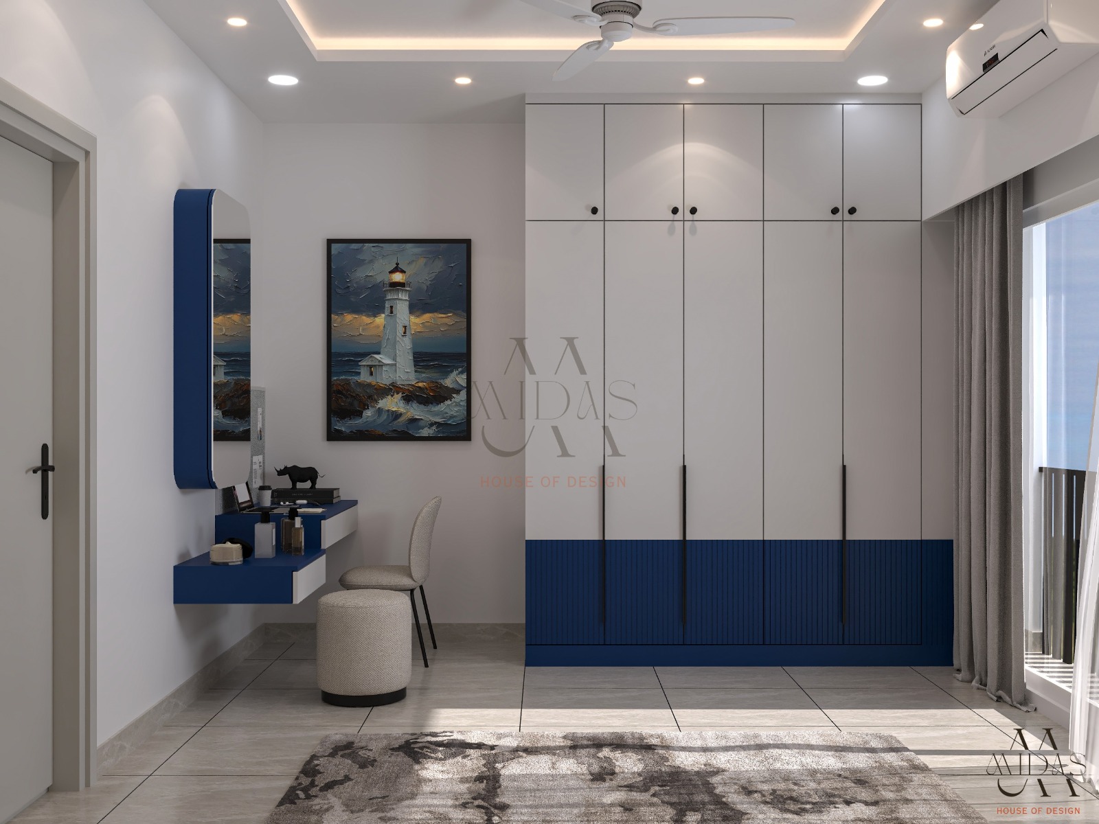 Contemporary bedroom in Bangalore apartment — white full-height wardrobe with navy blue fluted lower panels, wall-mounted floating