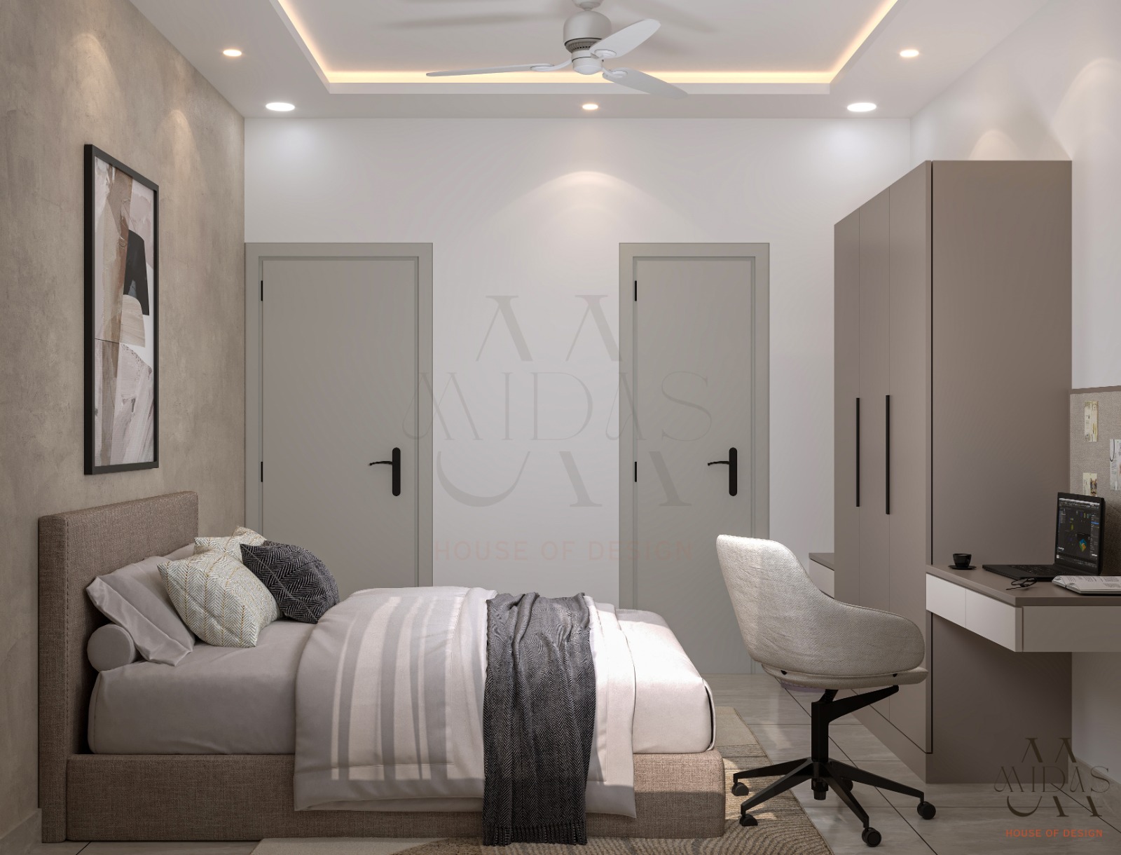 Guest bedroom in Bangalore — greige textured walls, grey painted doors, taupe wardrobe, study desk, upholstered linen bed