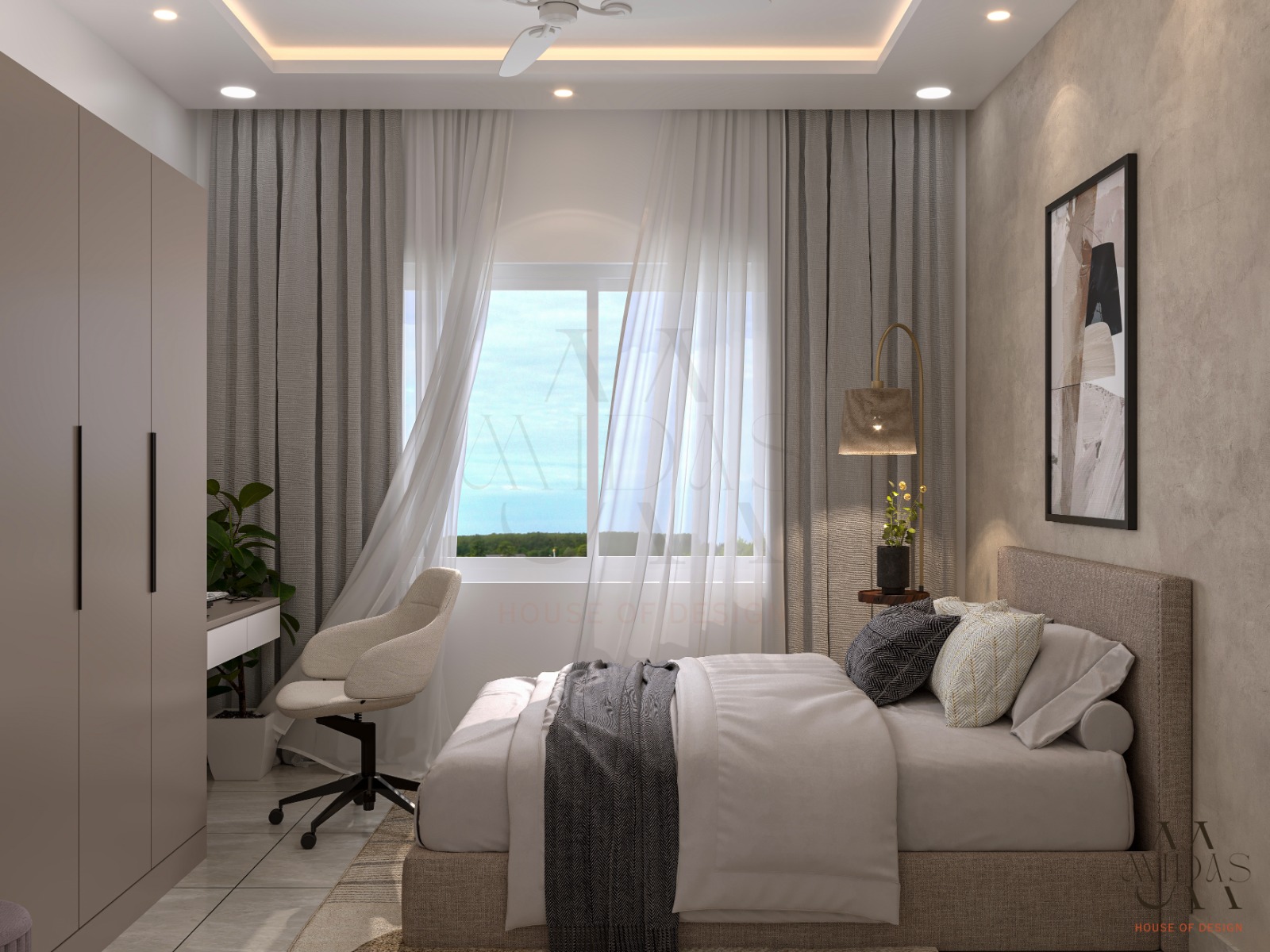 Guest bedroom in Bangalore — warm taupe textured wall, brass arc floor lamp, sheer curtains, linen upholstered bed, abstract artwork