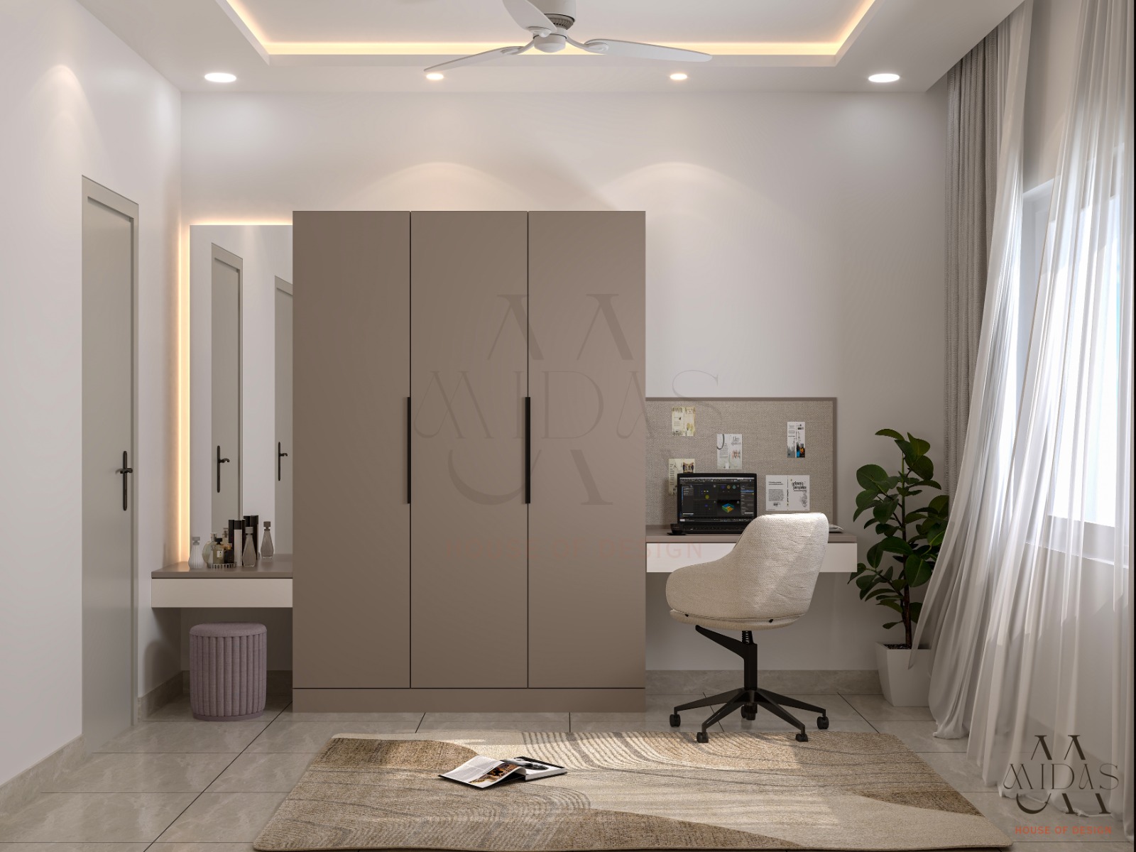 Guest bedroom in Bangalore — taupe matte 3-door wardrobe, LED-backlit vanity mirror, study desk with corkboard, sheer curtains