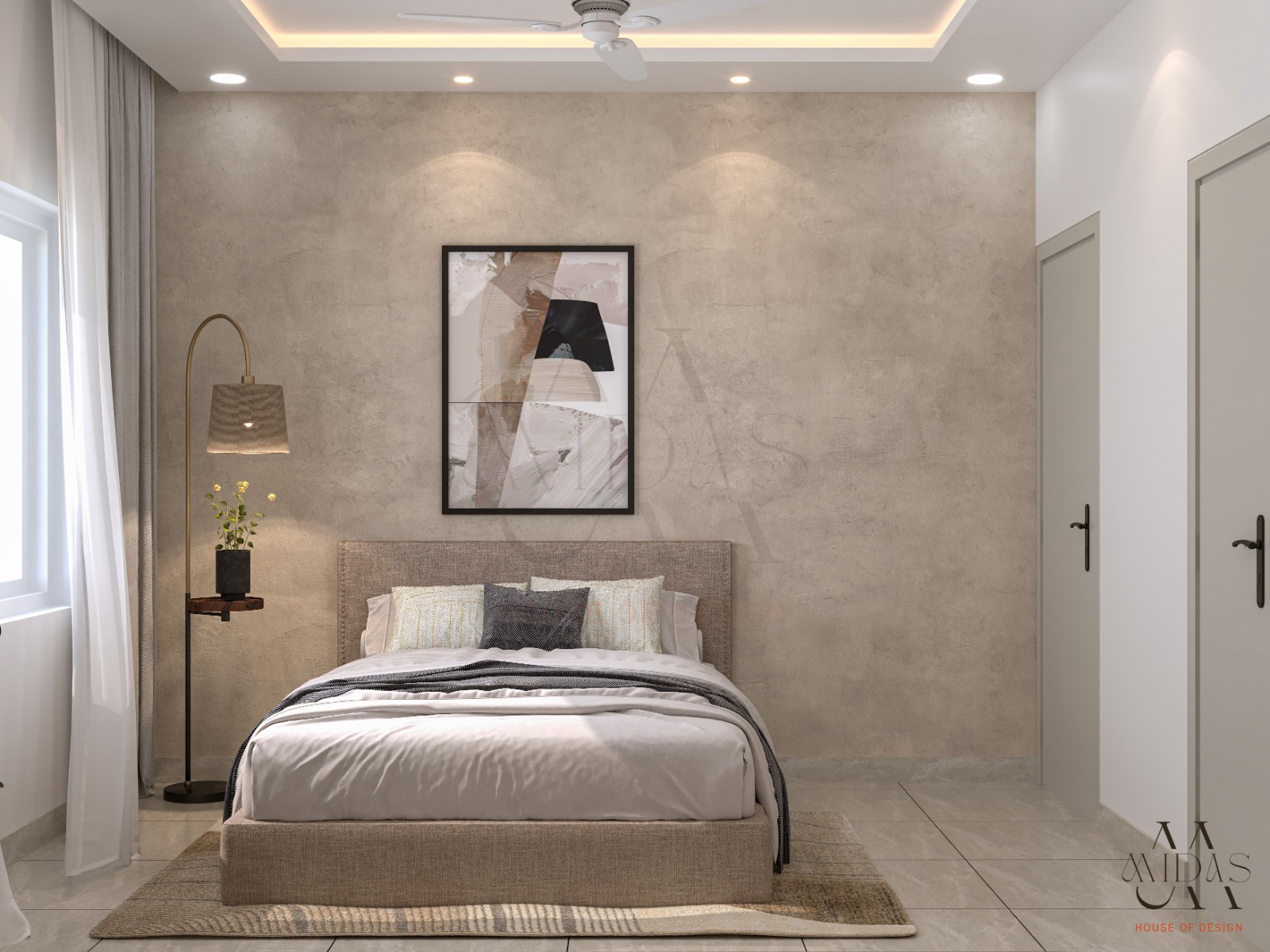Guest bedroom in Bangalore — warm venetian plaster accent wall, brass arc floor lamp, linen bed, abstract artwork, natural window light