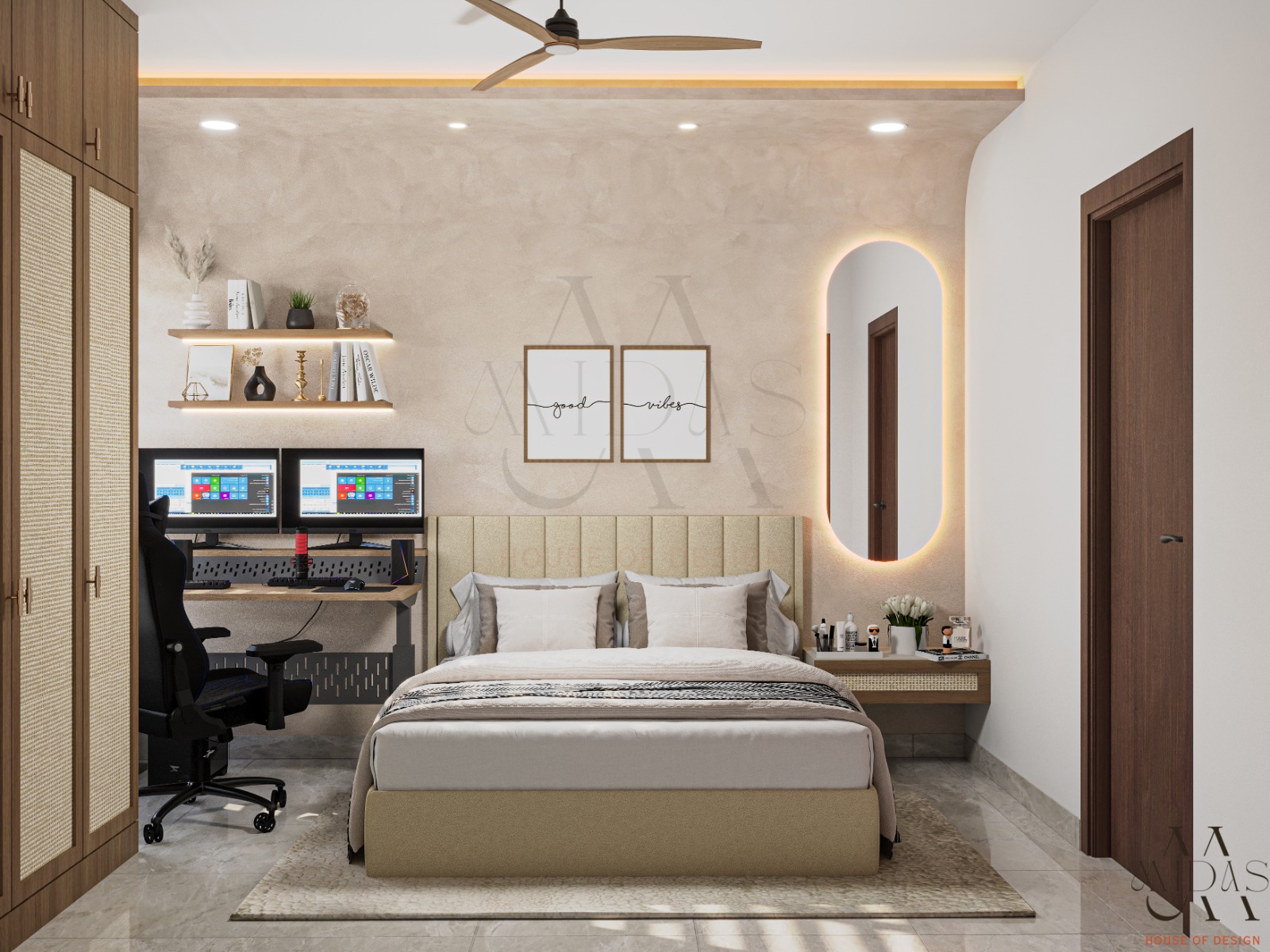 Rattan premium wardrobe, dual-monitor work desk, fluted headboard, oval backlit mirror, venetian plaster wall — Bangalore