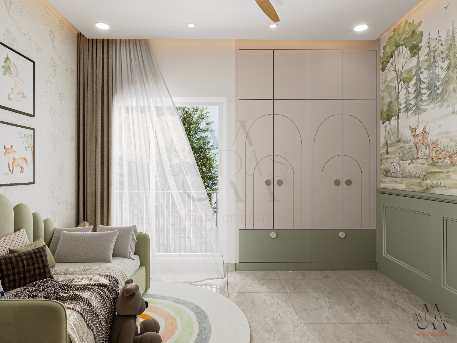 Children's bedroom with a hand-illustrated watercolour woodland mural, arched premium profile-door wardrobe in blush cream, sage green lower wall panelling, and a curved green velvet daybed — luxury kids room design, Bangalore.