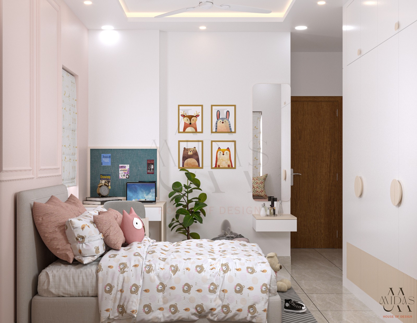 Kids’ bedroom in Bangalore — pink panel moulding walls, animal art gallery wall in gold frames, study desk, corkboard, wooden door