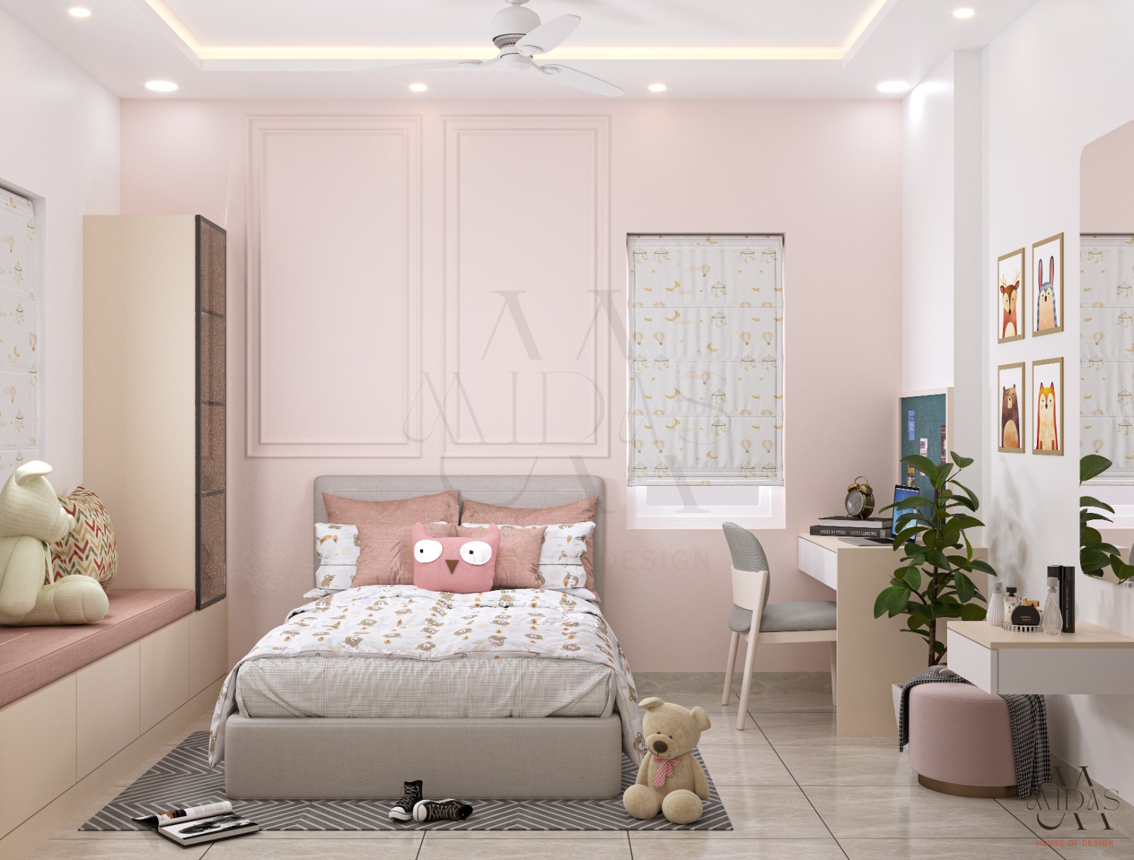 Kids’ bedroom in Bangalore — full room with pink panel moulding walls, grey upholstered bed, study desk, dresser, window seat and animal artwork