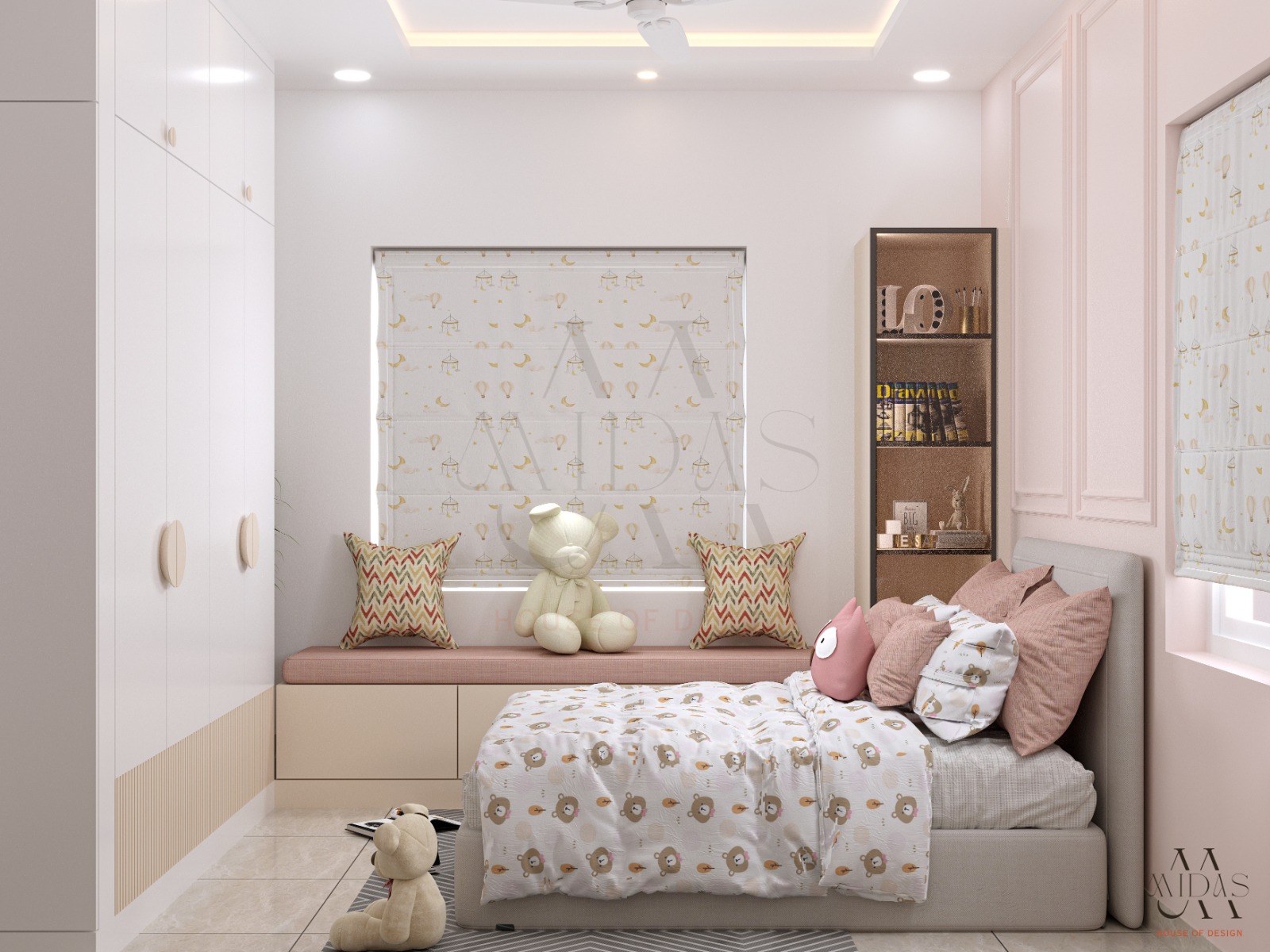 Kids’ bedroom in Bangalore — pink upholstered window seat with storage drawers, whimsical roller blind, white wardrobe, brown bookshelf