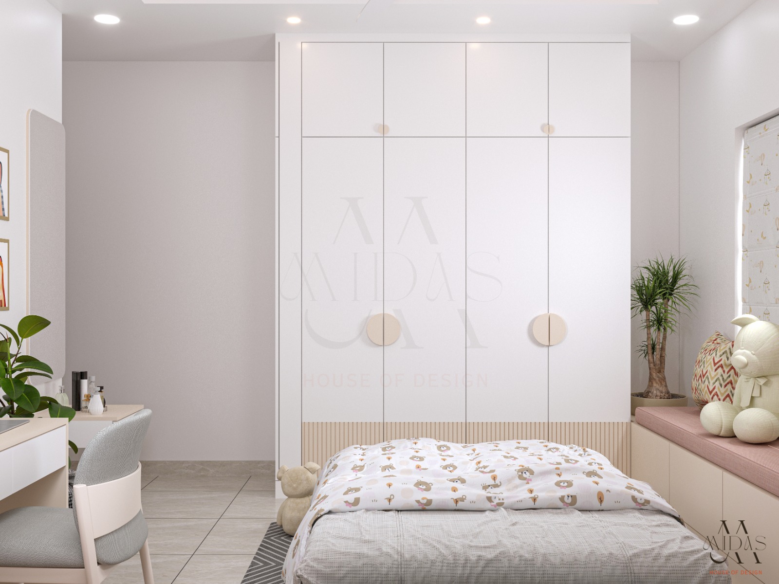 Kids’ bedroom in Bangalore — full-height white push-open wardrobe with fluted base detail, pink window seat, circular disc handles, study desk
