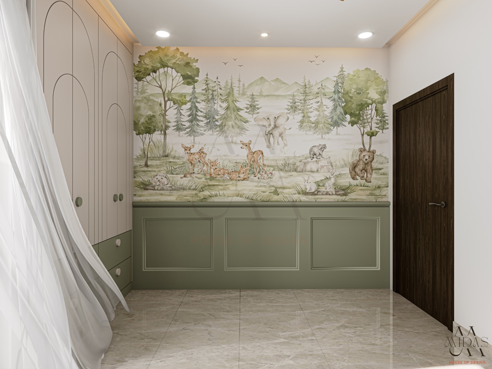 kids-bedroom-woodland-mural-arched-wardrobe-olive-green