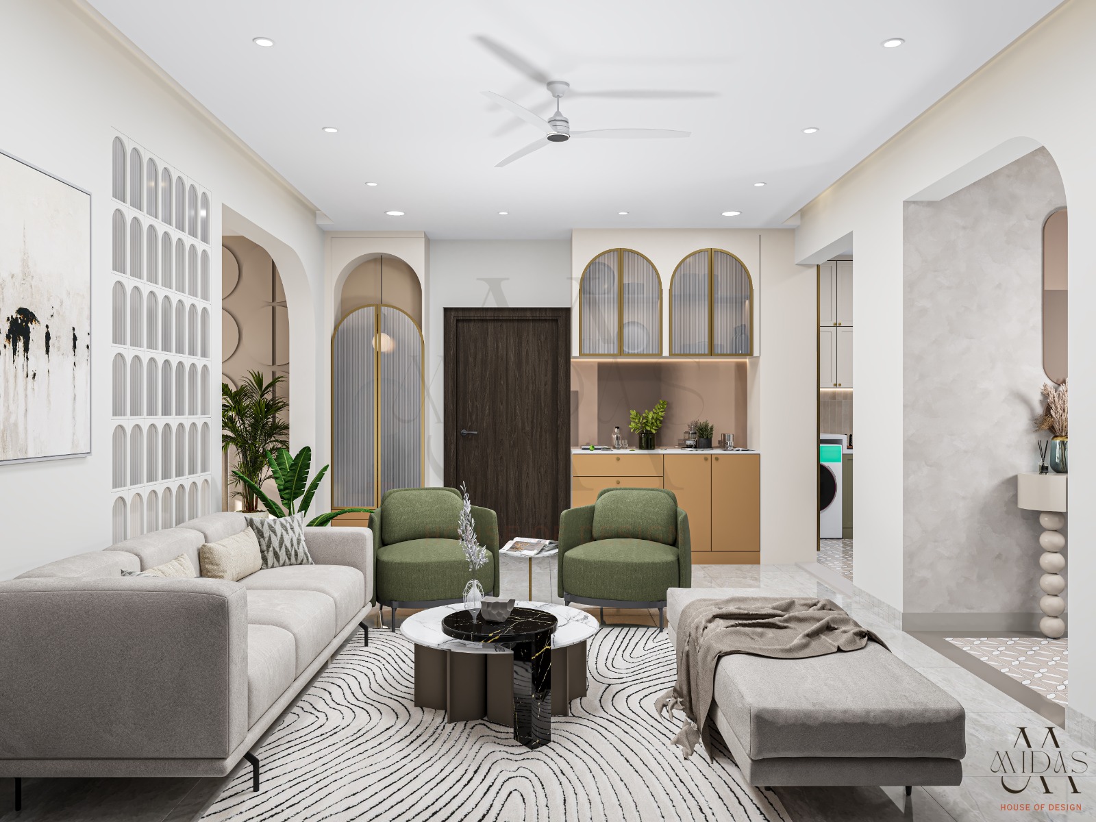 Living room CNC 3D arched white panel wall sage green armchairs black marble coffee table gold puja niche crockery unit foyer Bangalore flat interior